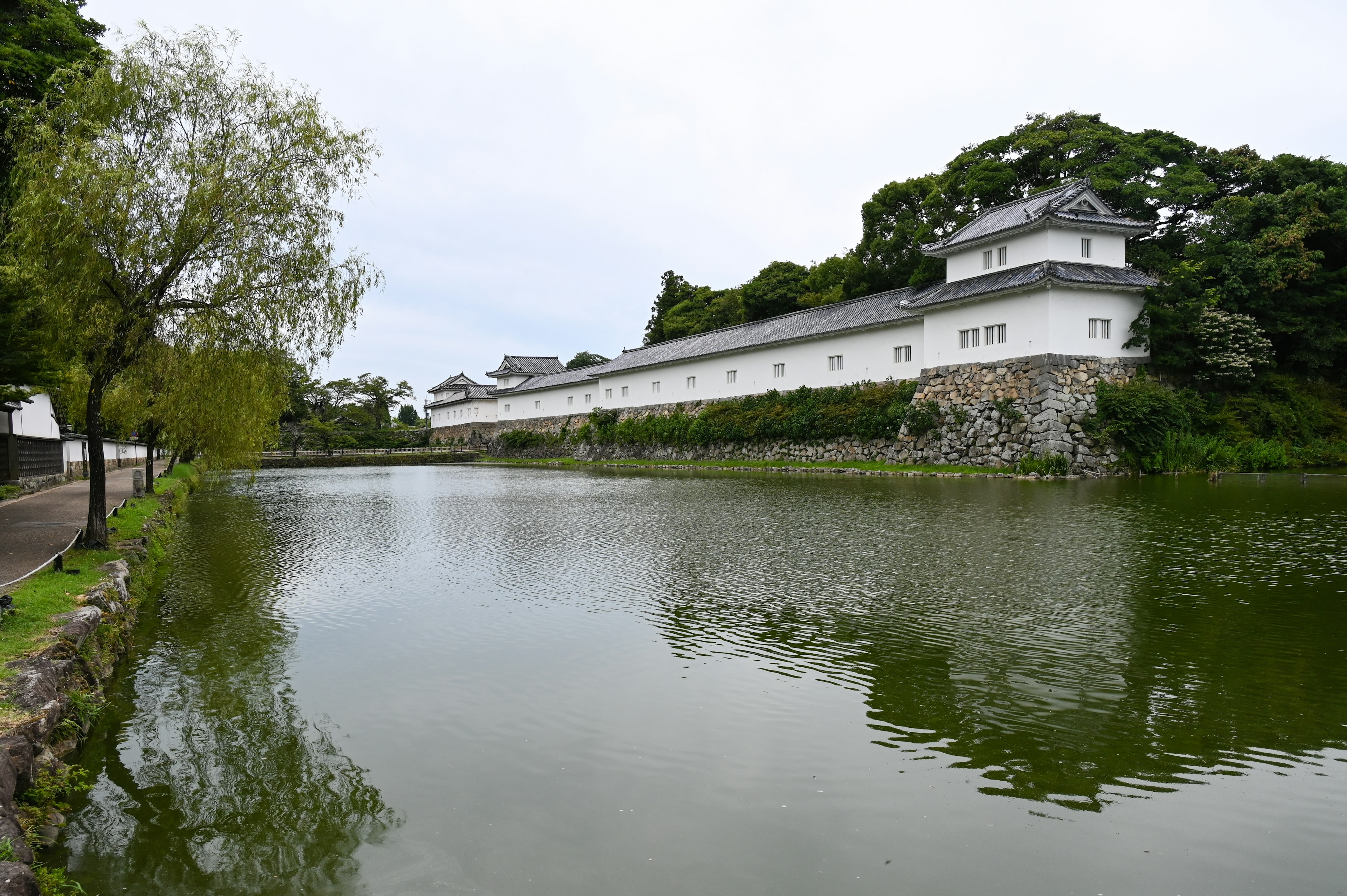 Landschaft mit einer weißen Schlossmauer und einem ruhigen Teich