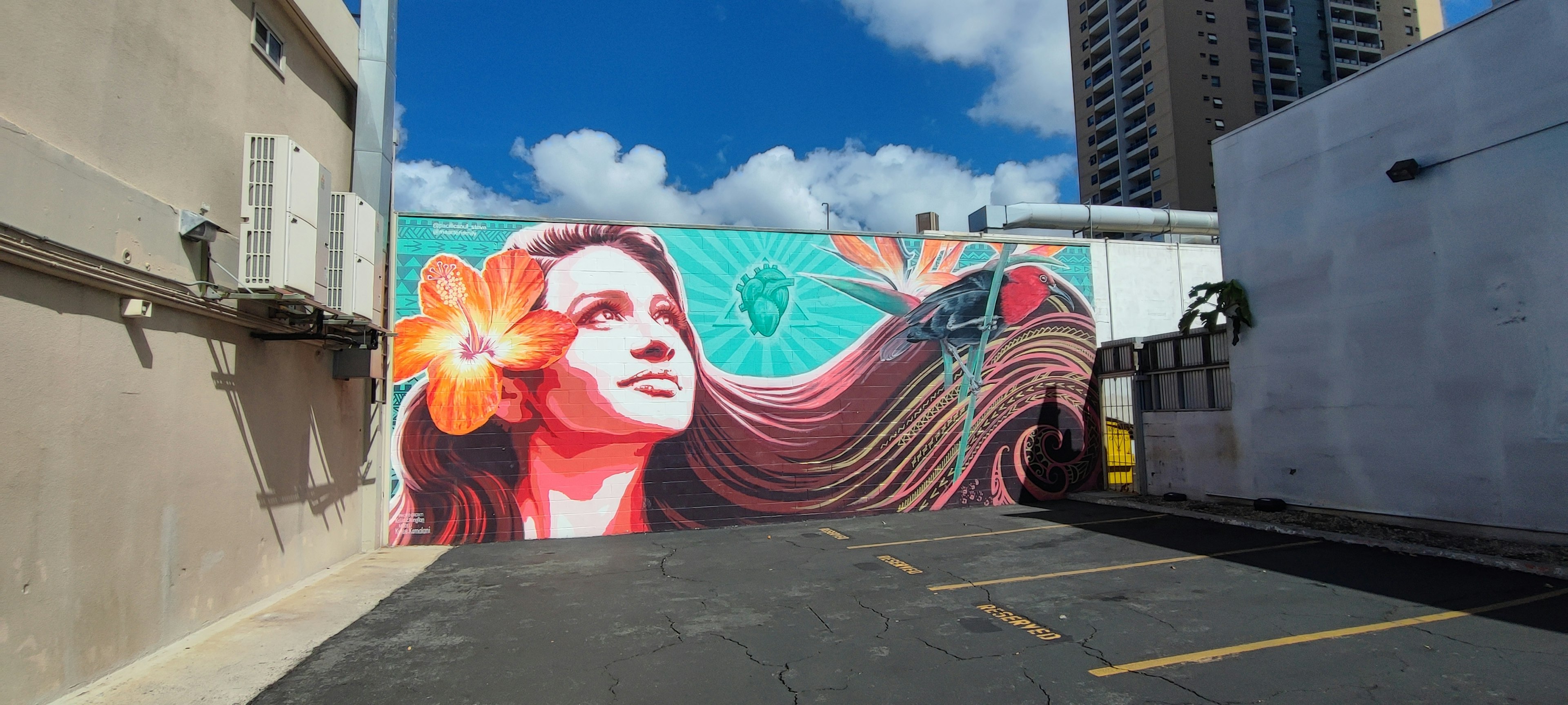 Murale vibrante di una donna con un fiore nei capelli in un contesto urbano