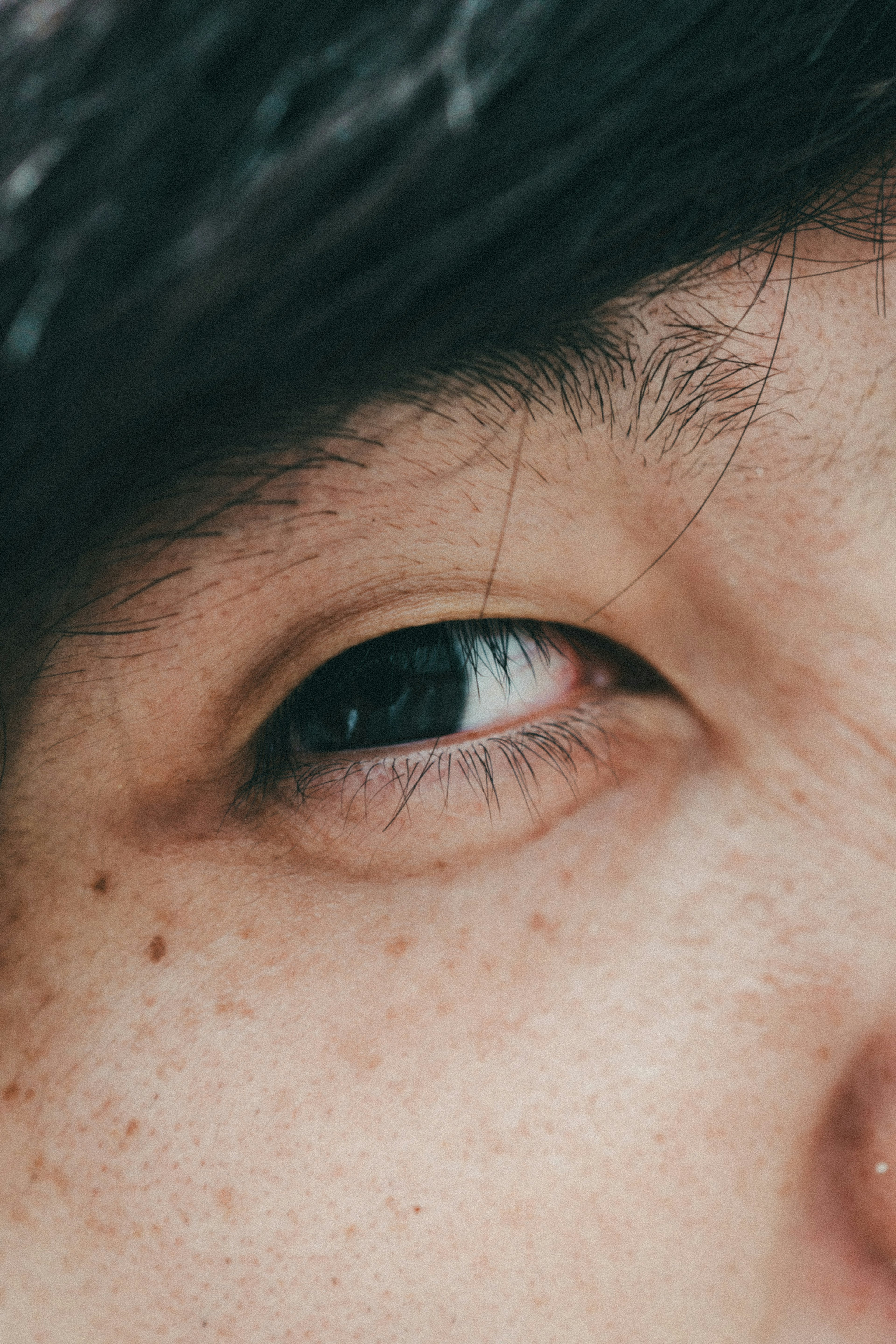 Primer plano de un ojo con pecas y cabello oscuro