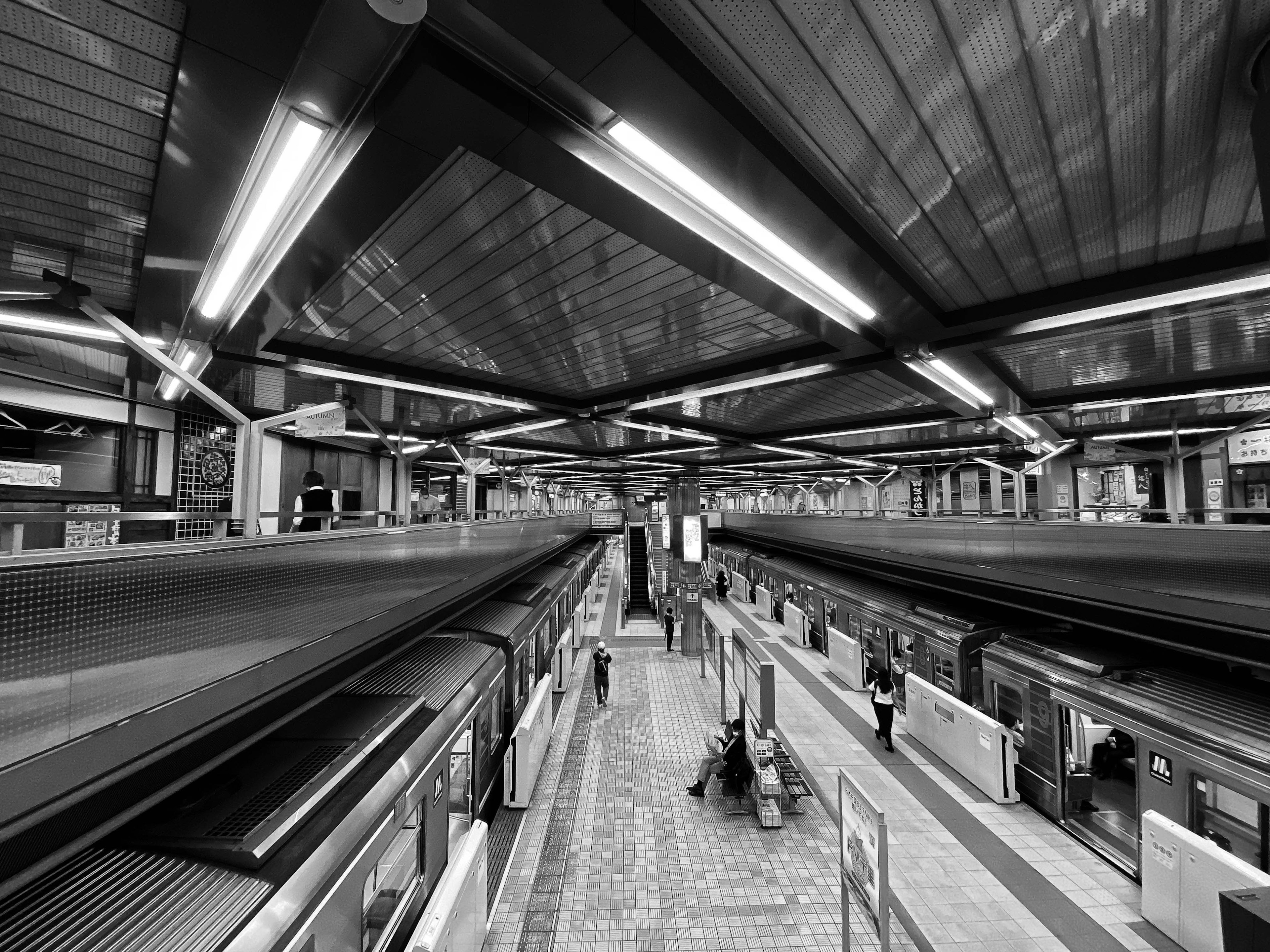 Vista en blanco y negro de una estación de metro subterránea con techo e iluminación elevados