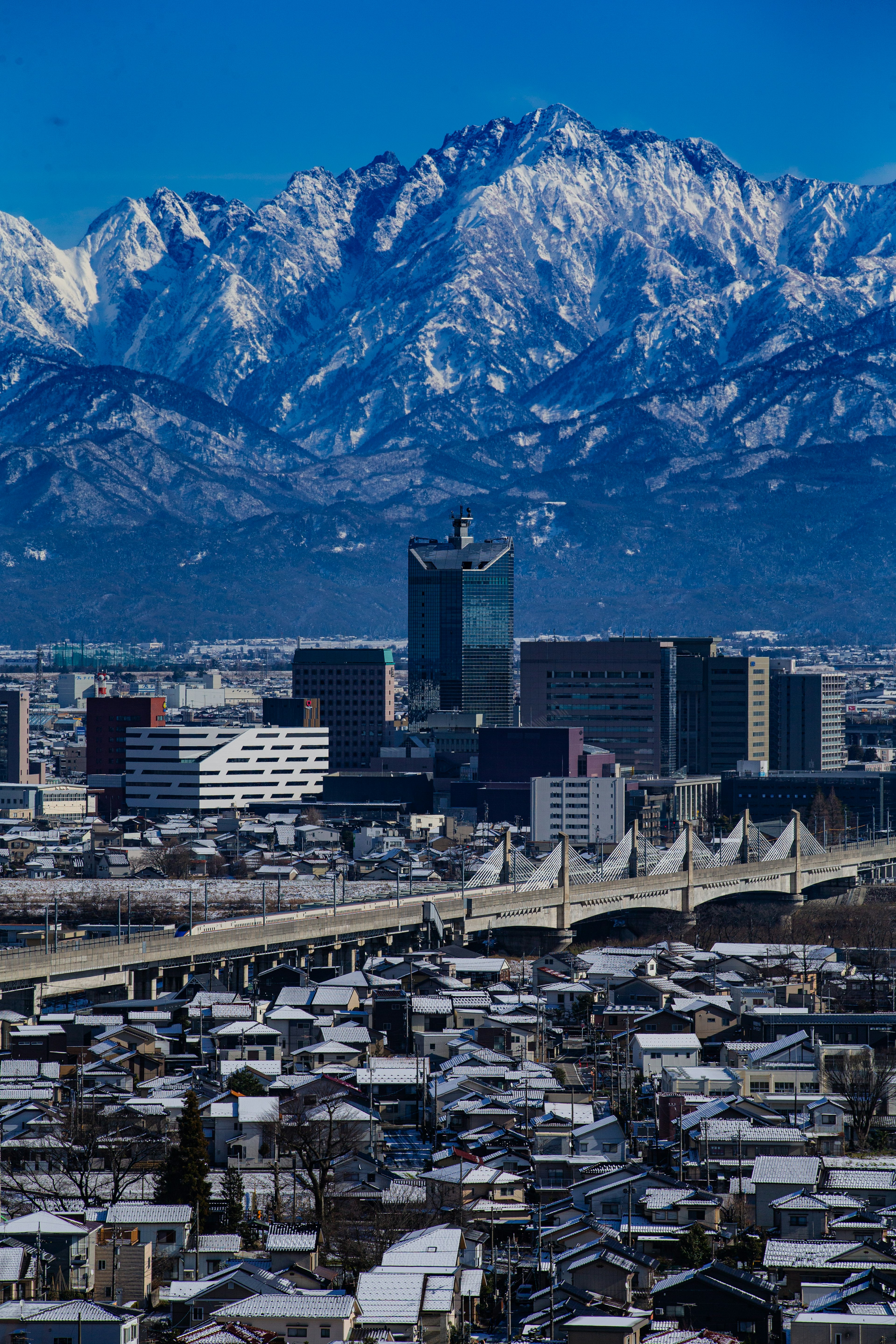 雪をかぶった山々と都市景観の美しい風景