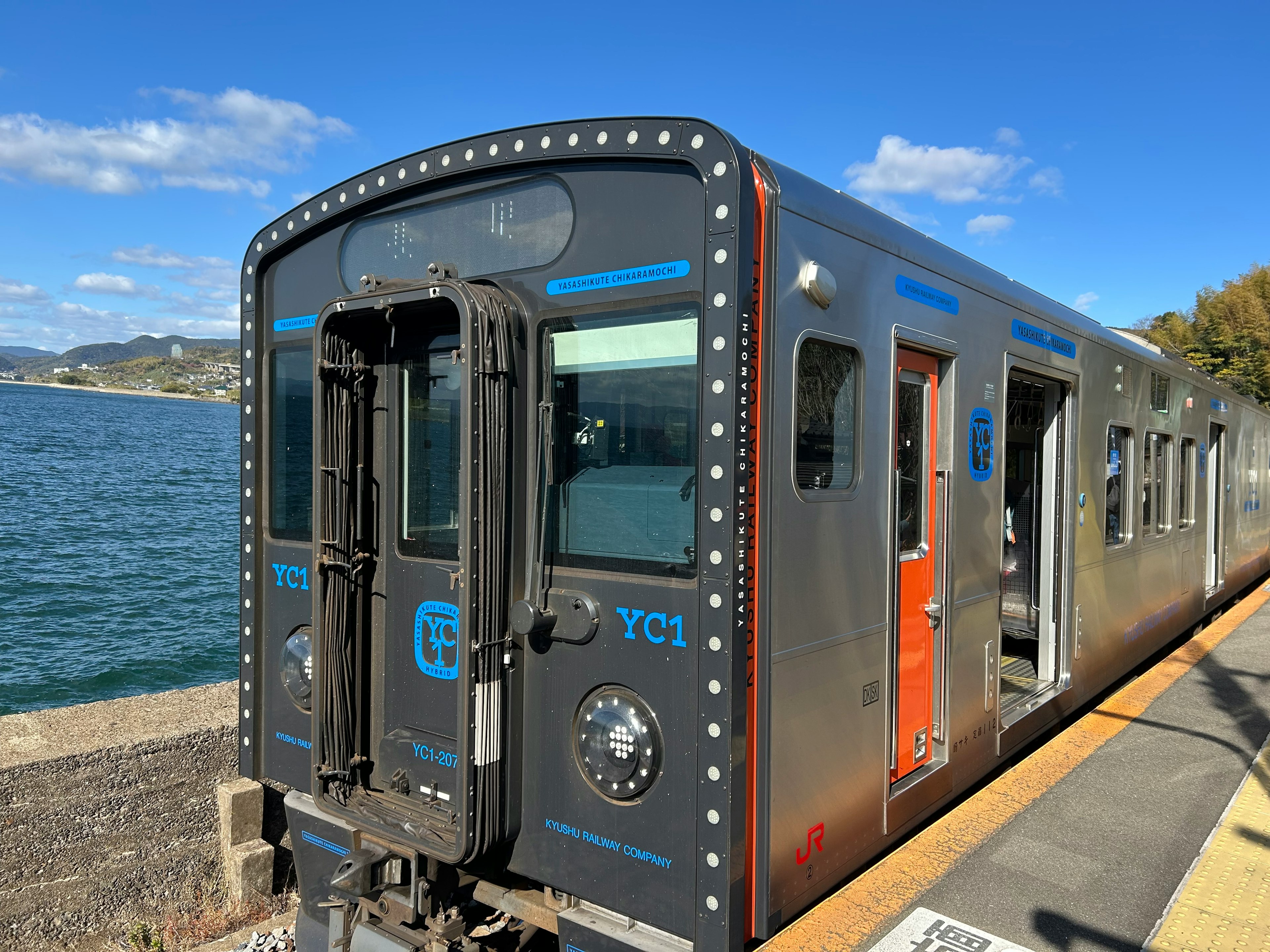 Tren negro estacionado junto al mar