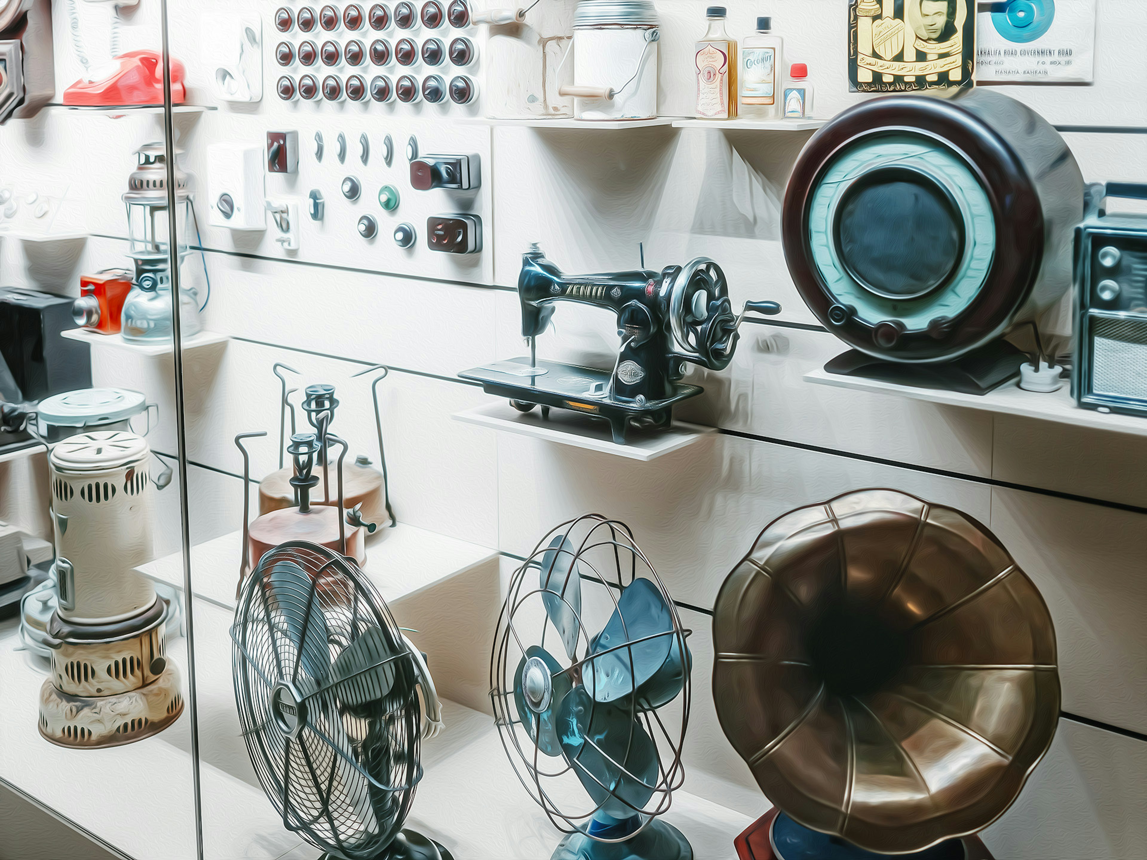 A wall displaying vintage appliances and objects in a museum