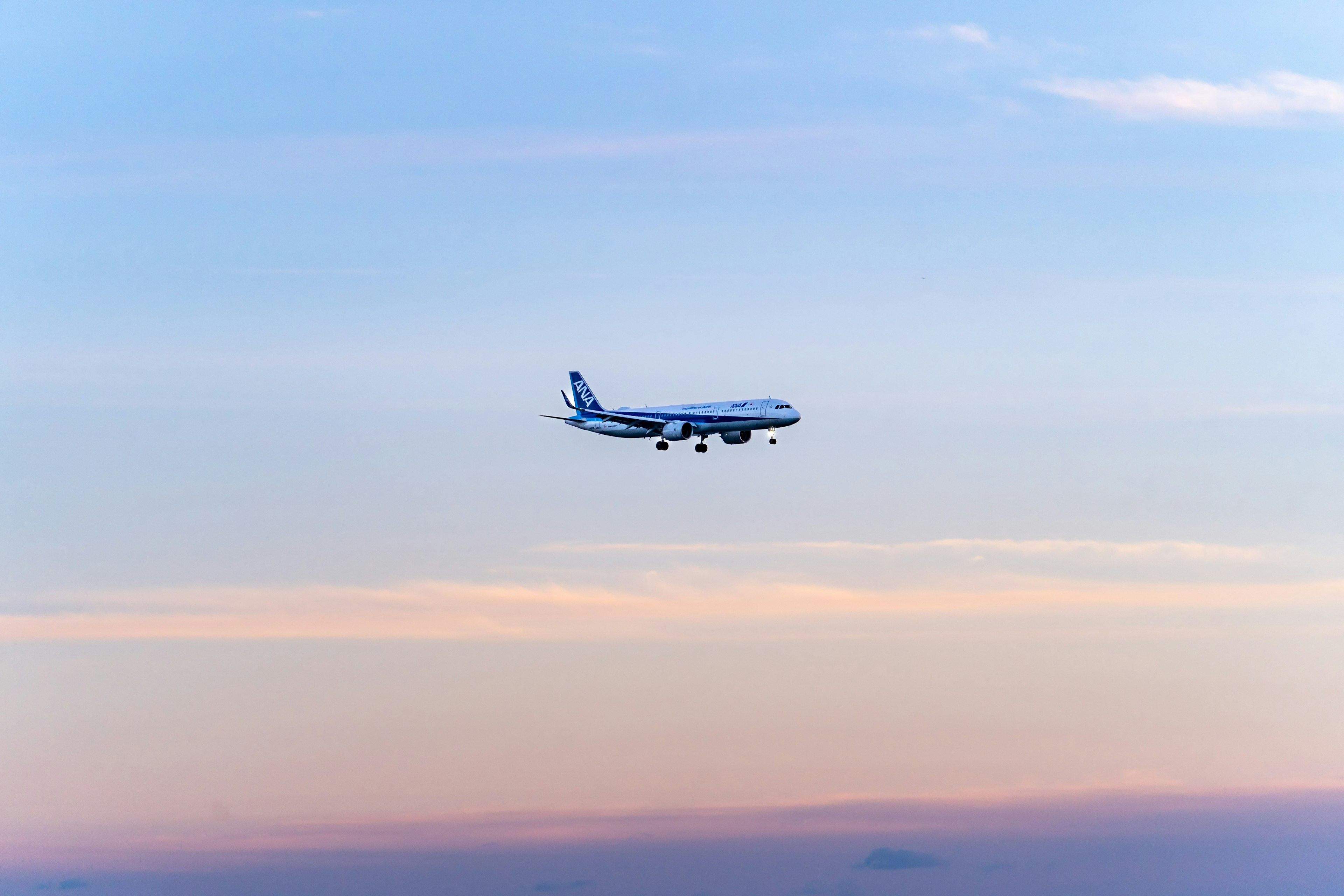 青空の中を飛ぶ航空機のシルエットが印象的な風景