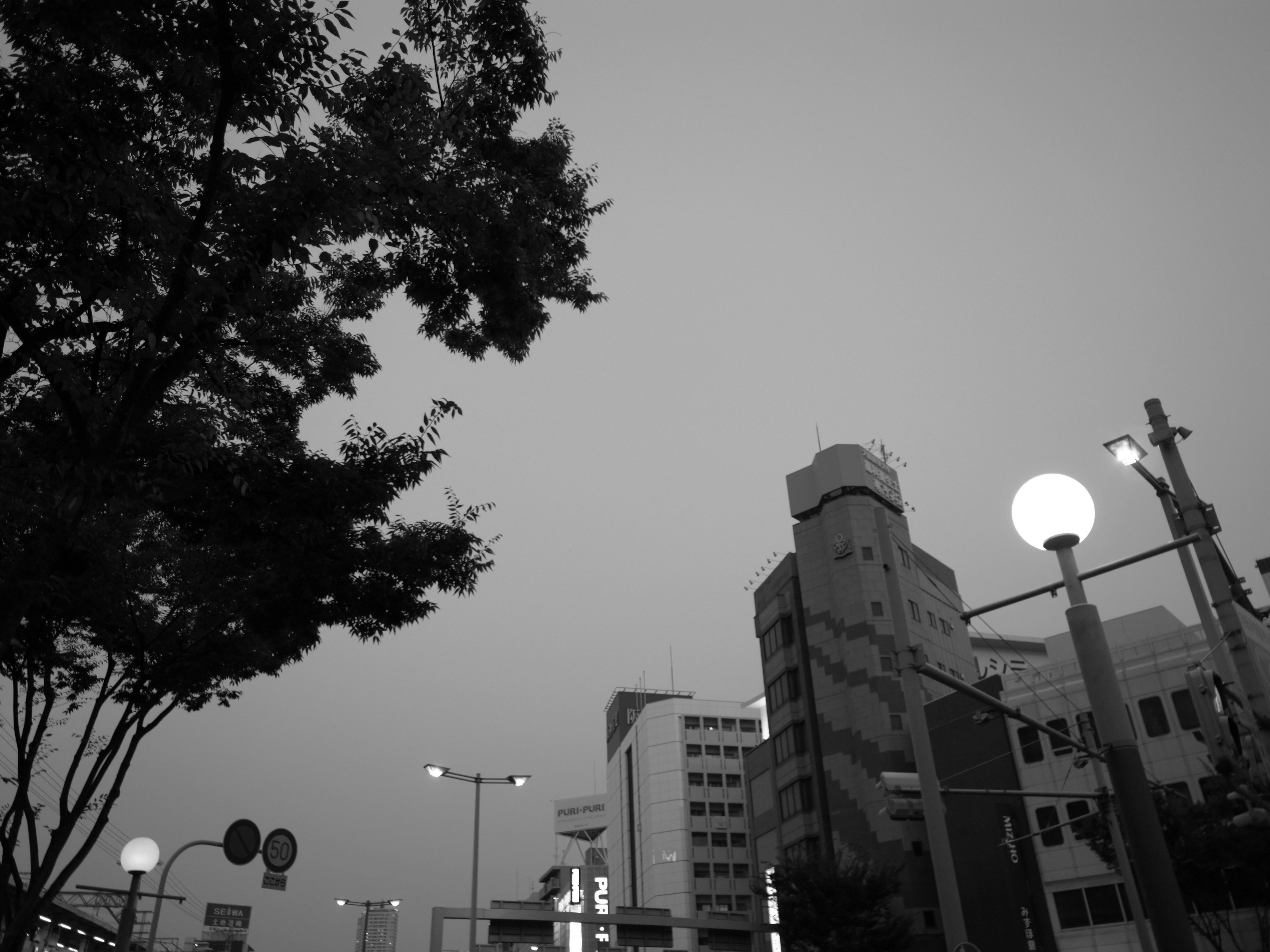 Black and white urban scene with tall buildings and streetlights