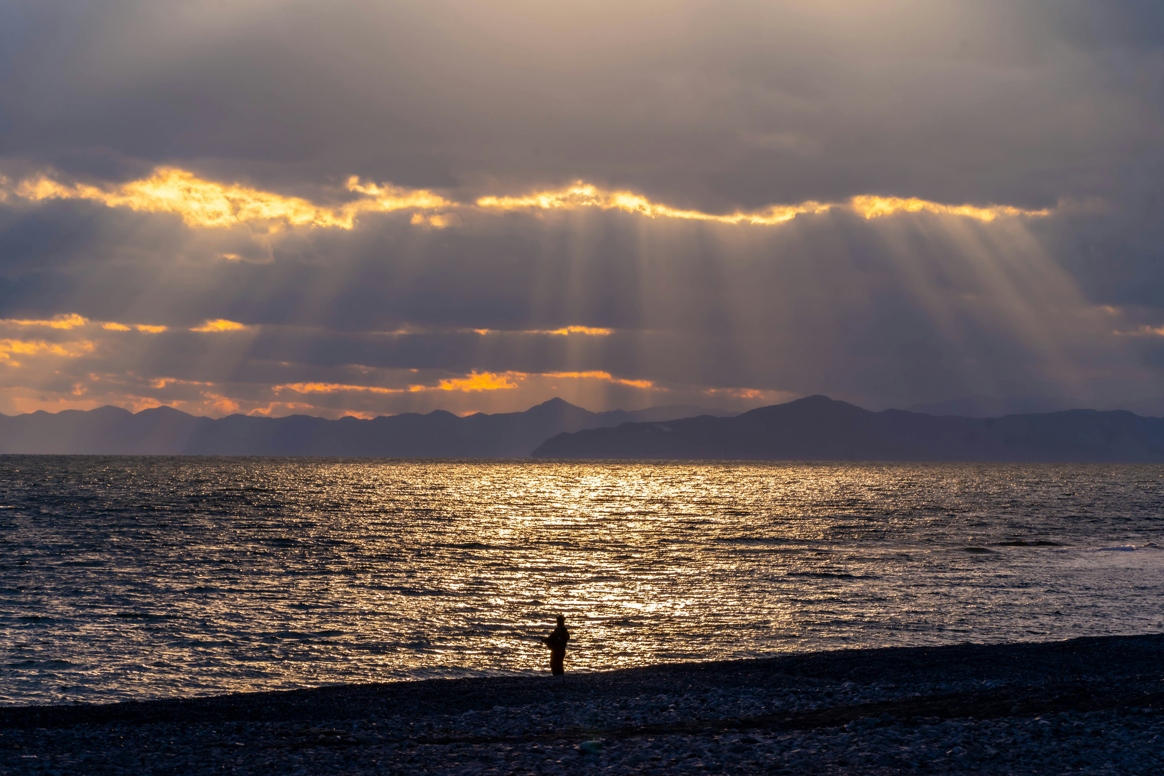 海岸を歩く人と夕日の光が反射する海