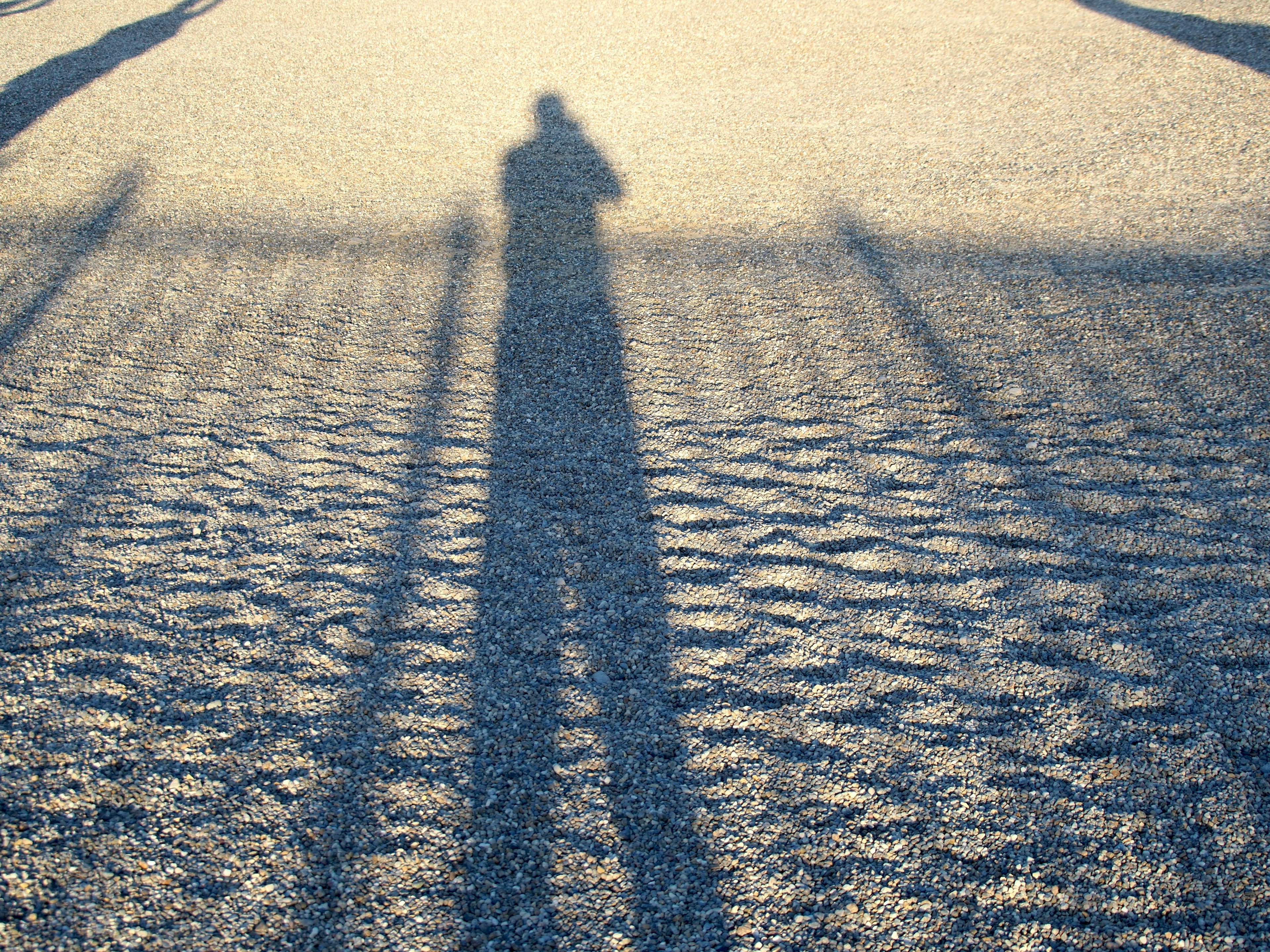 A long shadow cast on the ground with a textured surface