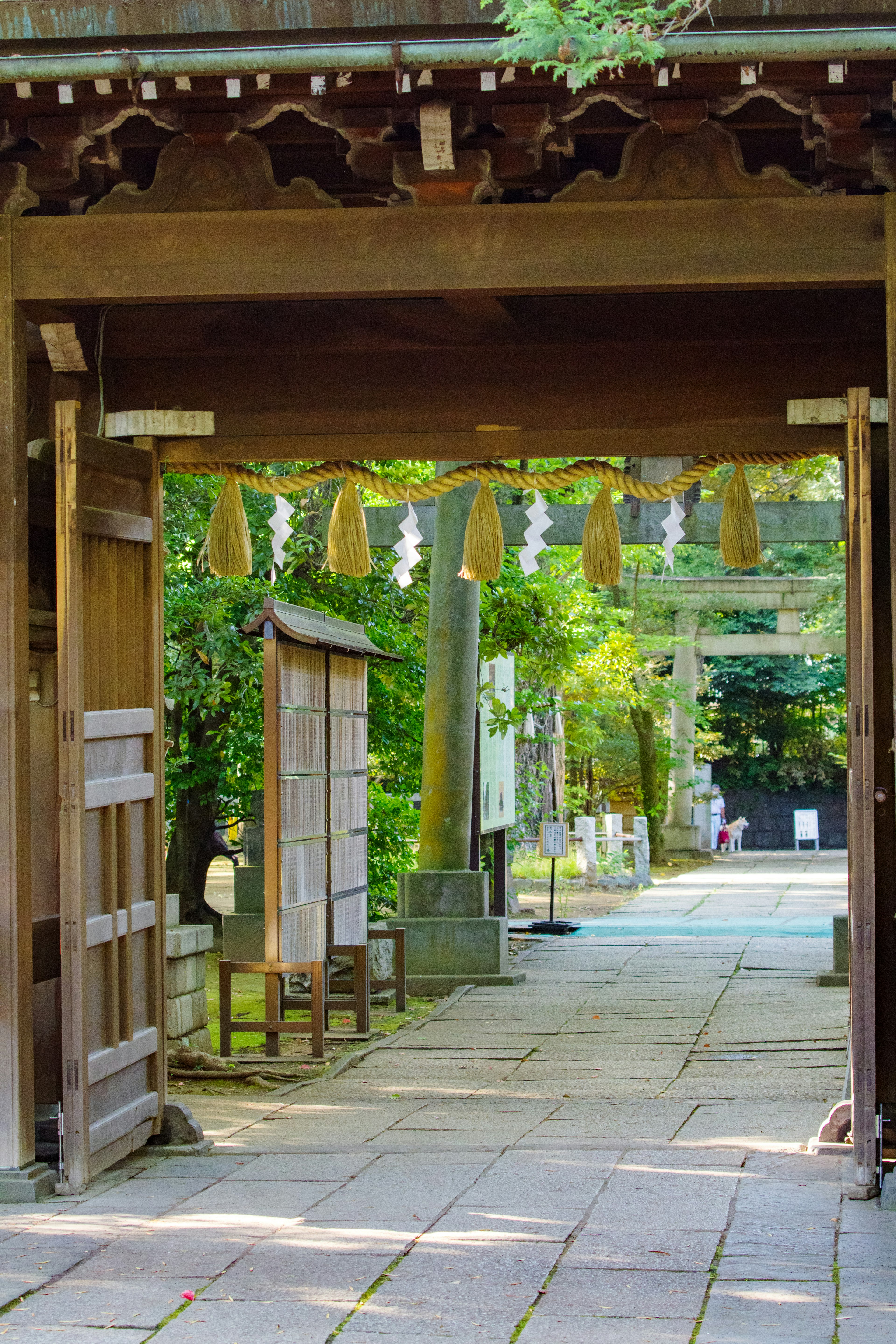 Wooden gate leading to a serene shrine path surrounded by greenery