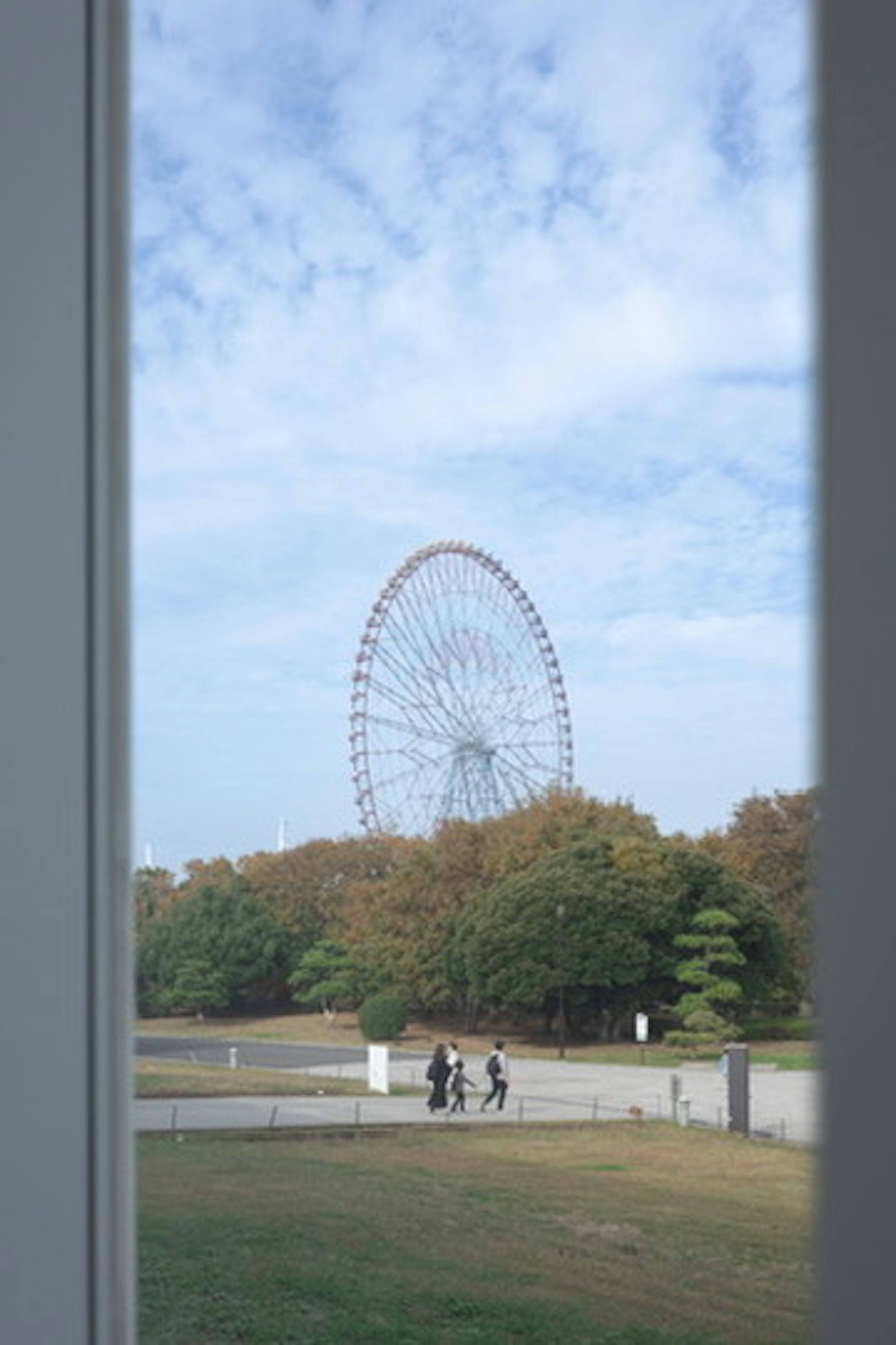 View of a ferris wheel and park through a window