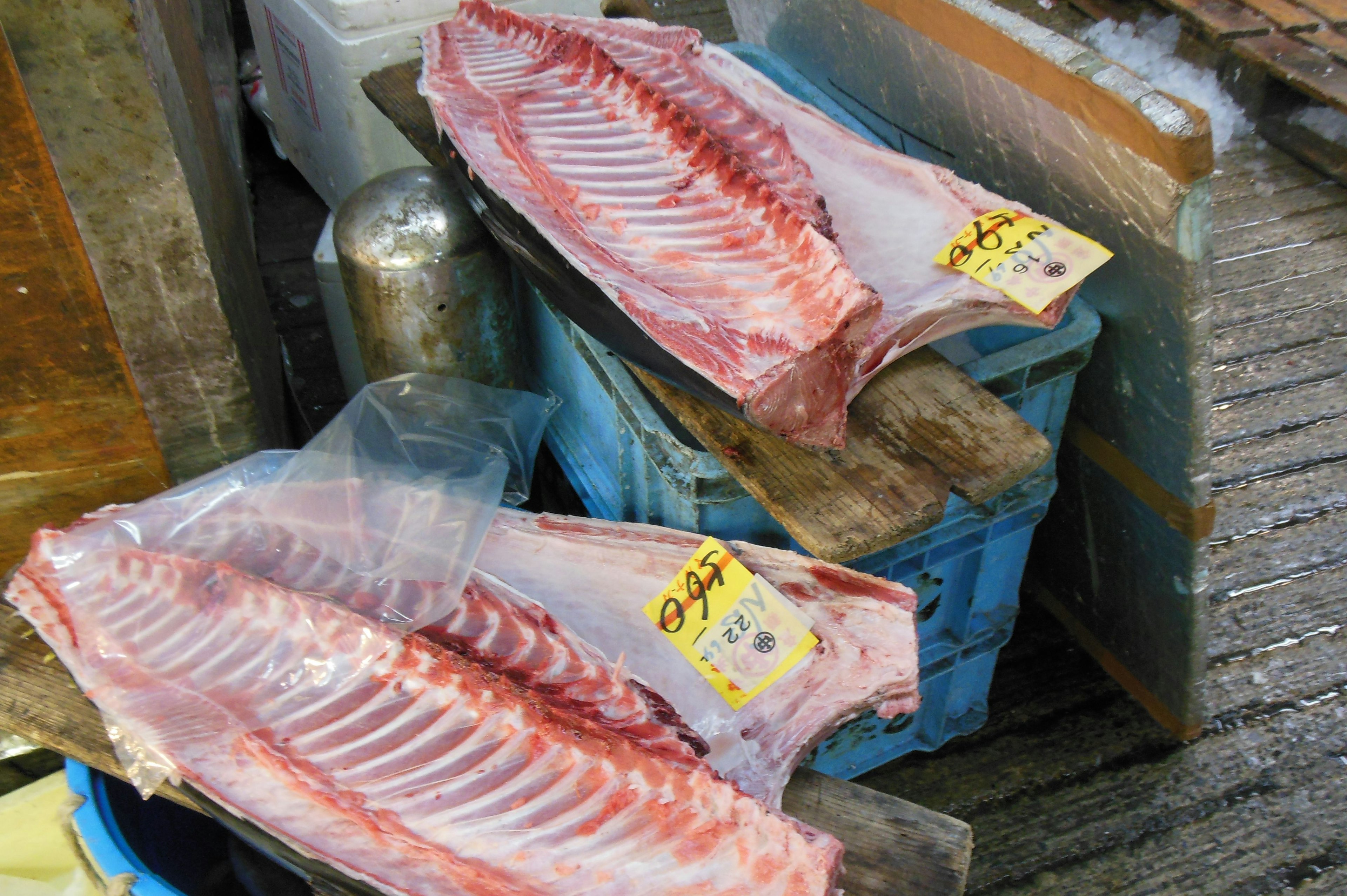 Filetes de pescado exhibidos en un mercado con etiquetas de precio