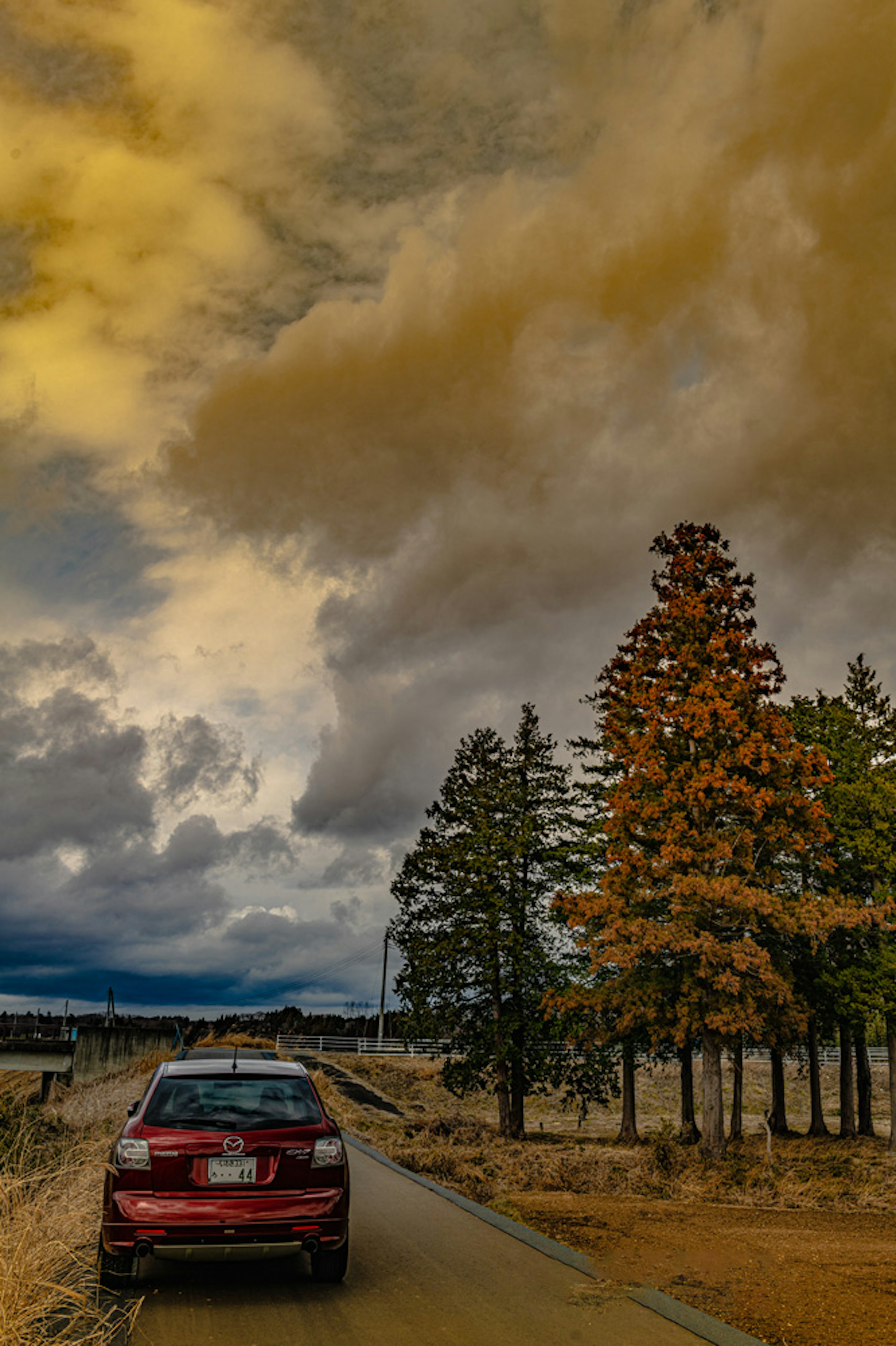 Paysage avec une voiture rouge et des arbres d'automne