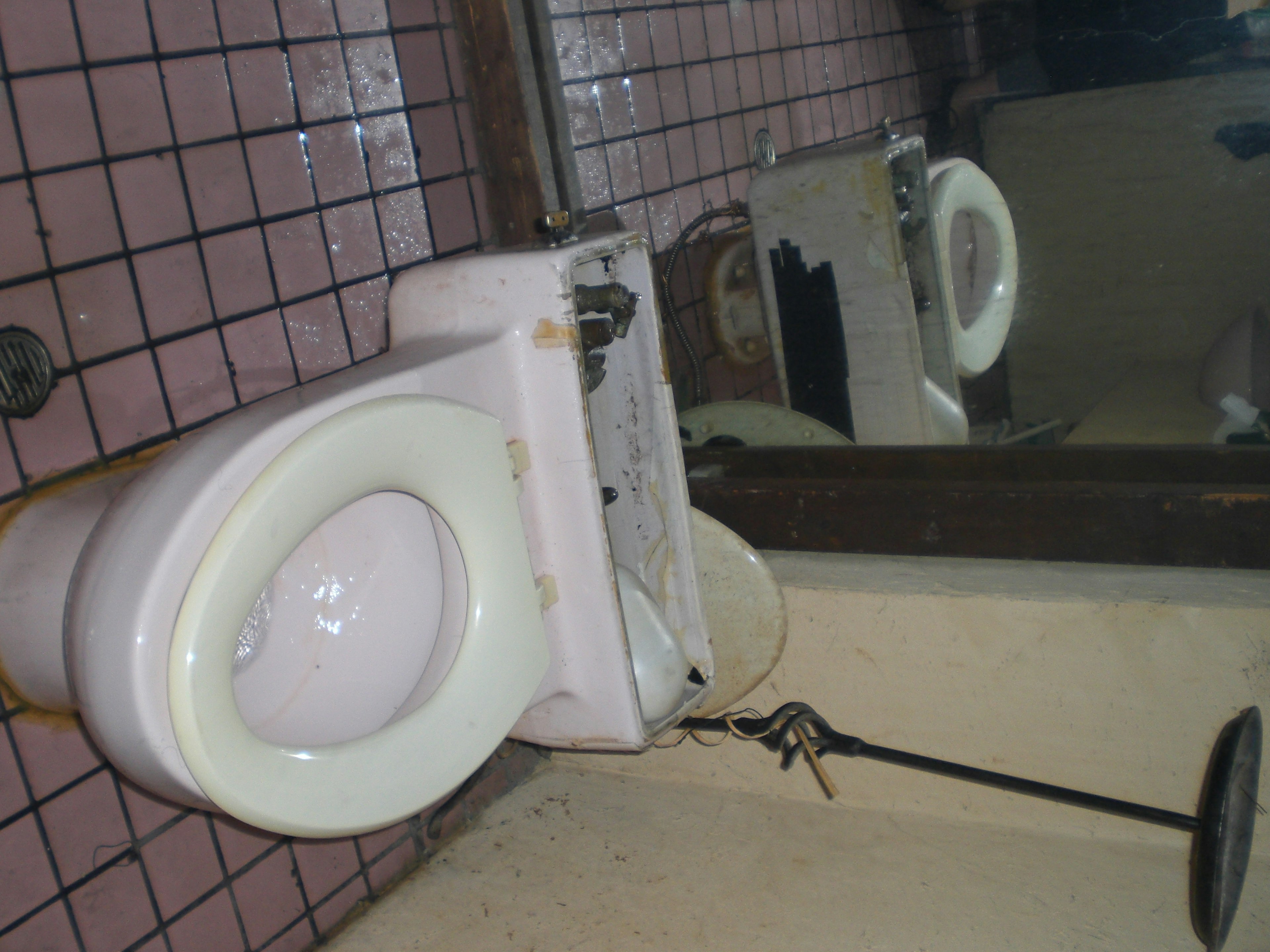 Tampilan interior toilet tua dengan dinding keramik berwarna pink muda