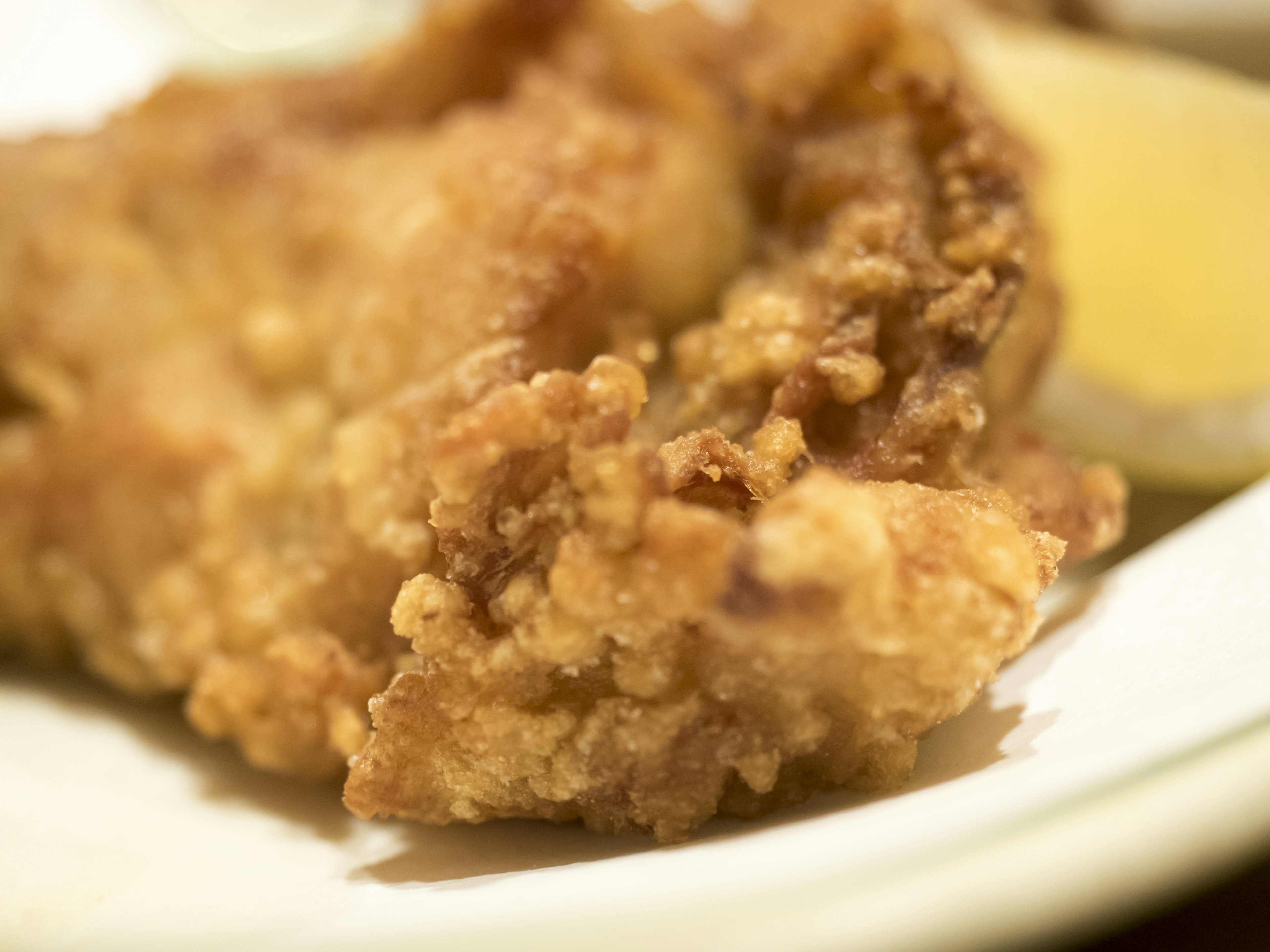 Close-up of fried chicken with crispy coating and juicy meat