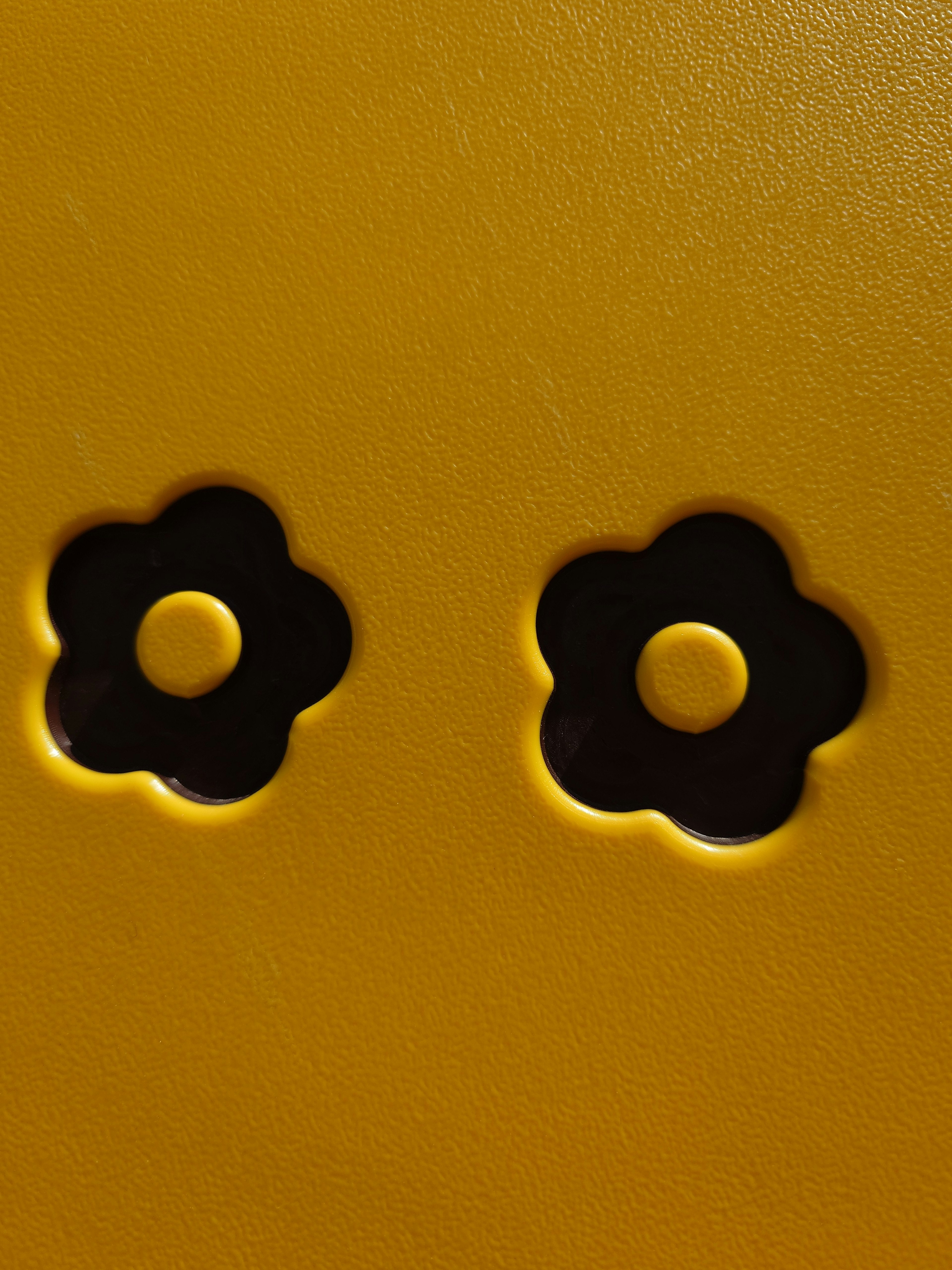 Two black flower-shaped cutouts on a yellow background