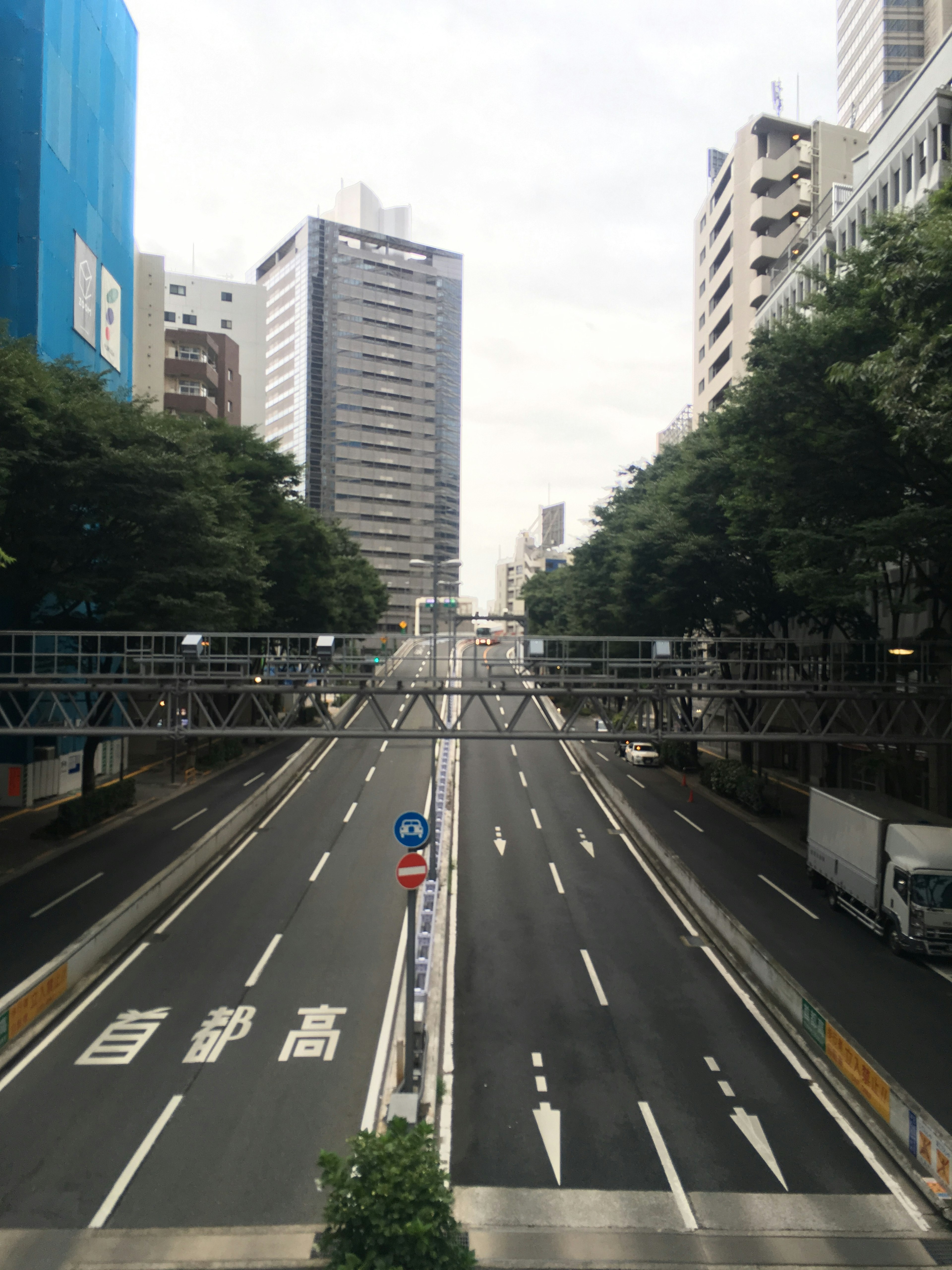 Wide road flanked by buildings and greenery