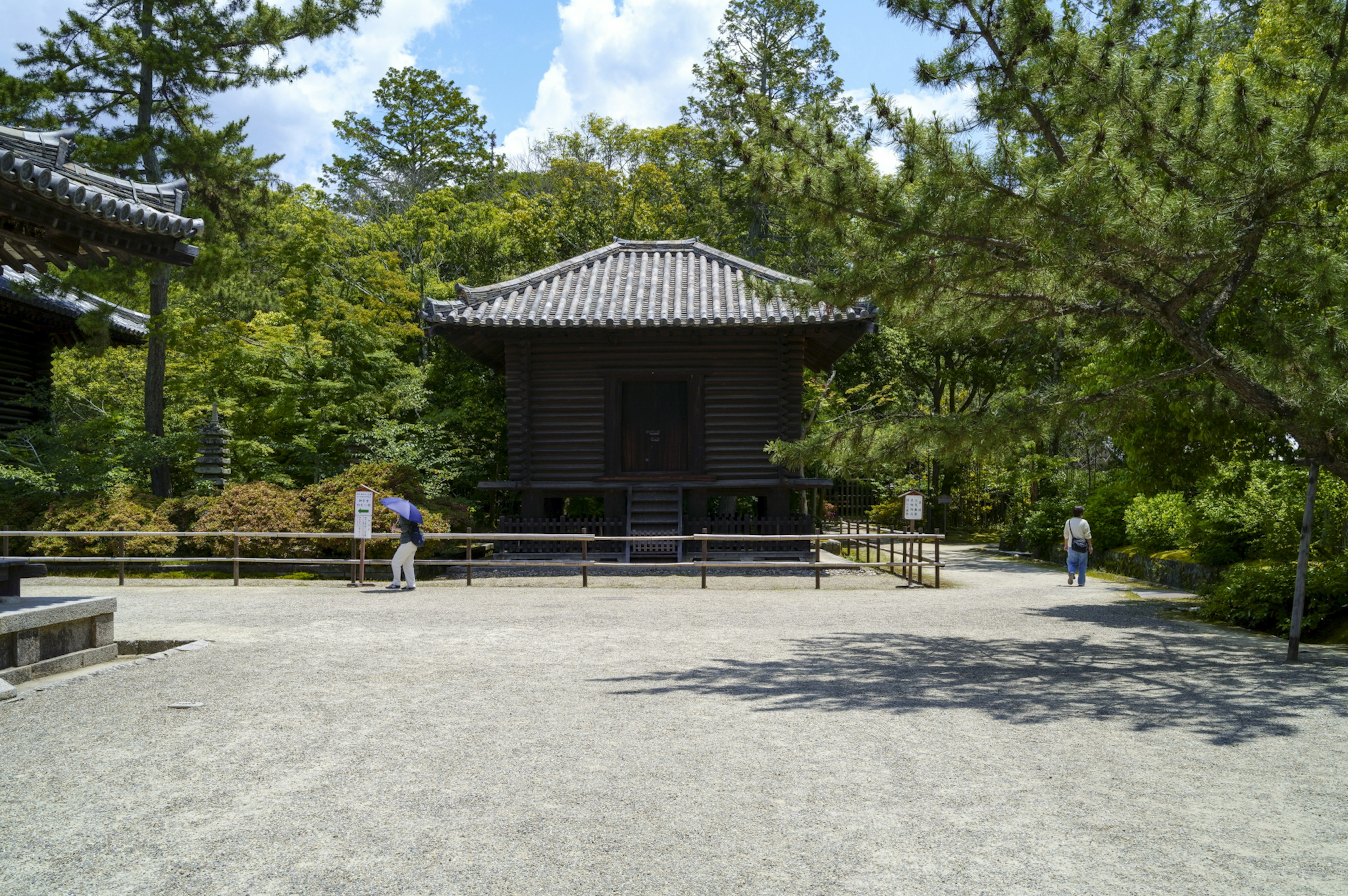 宁静花园中的传统日本建筑，四周环绕着绿色树木