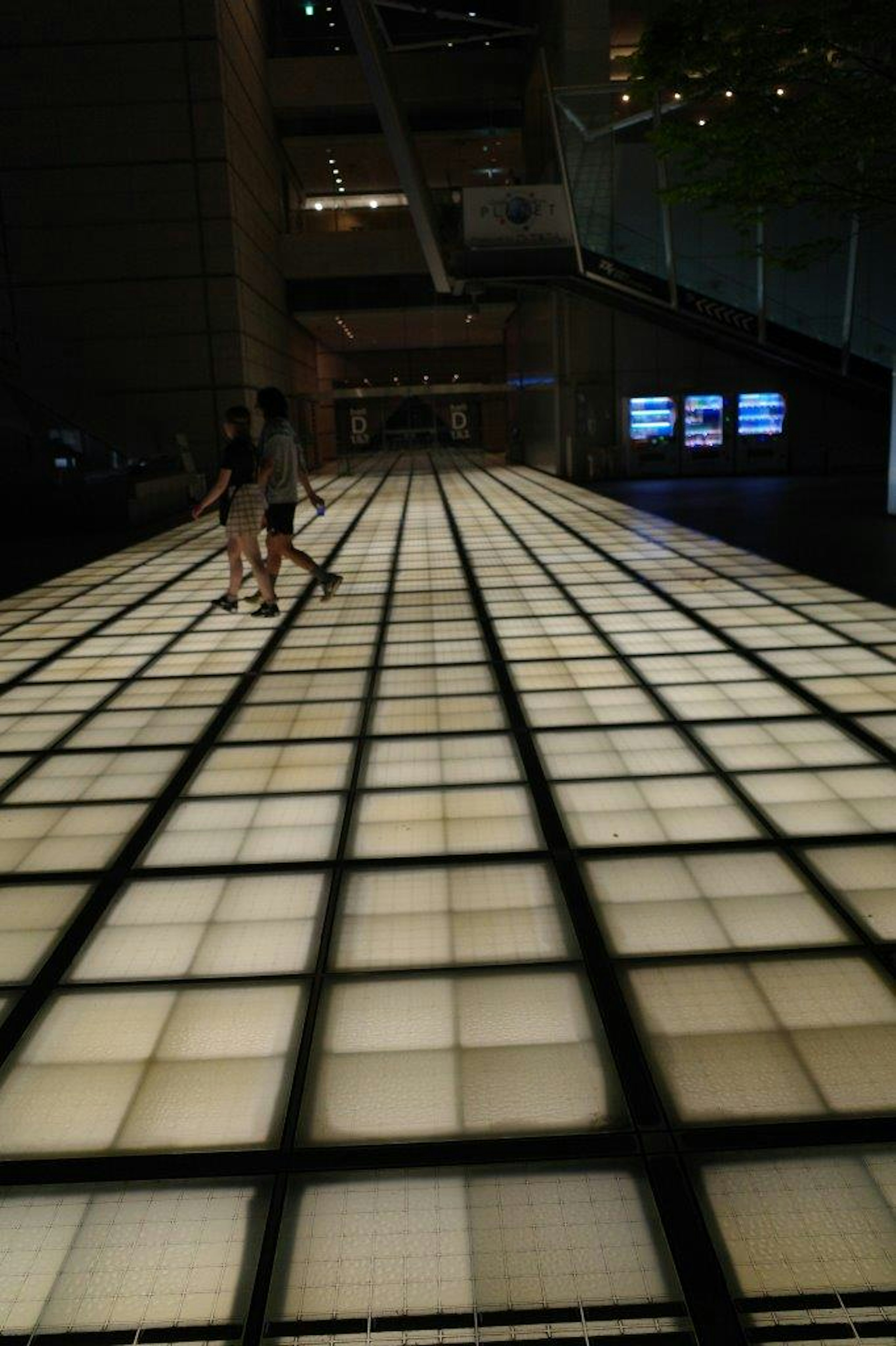 Imagen de personas caminando por un amplio camino iluminado