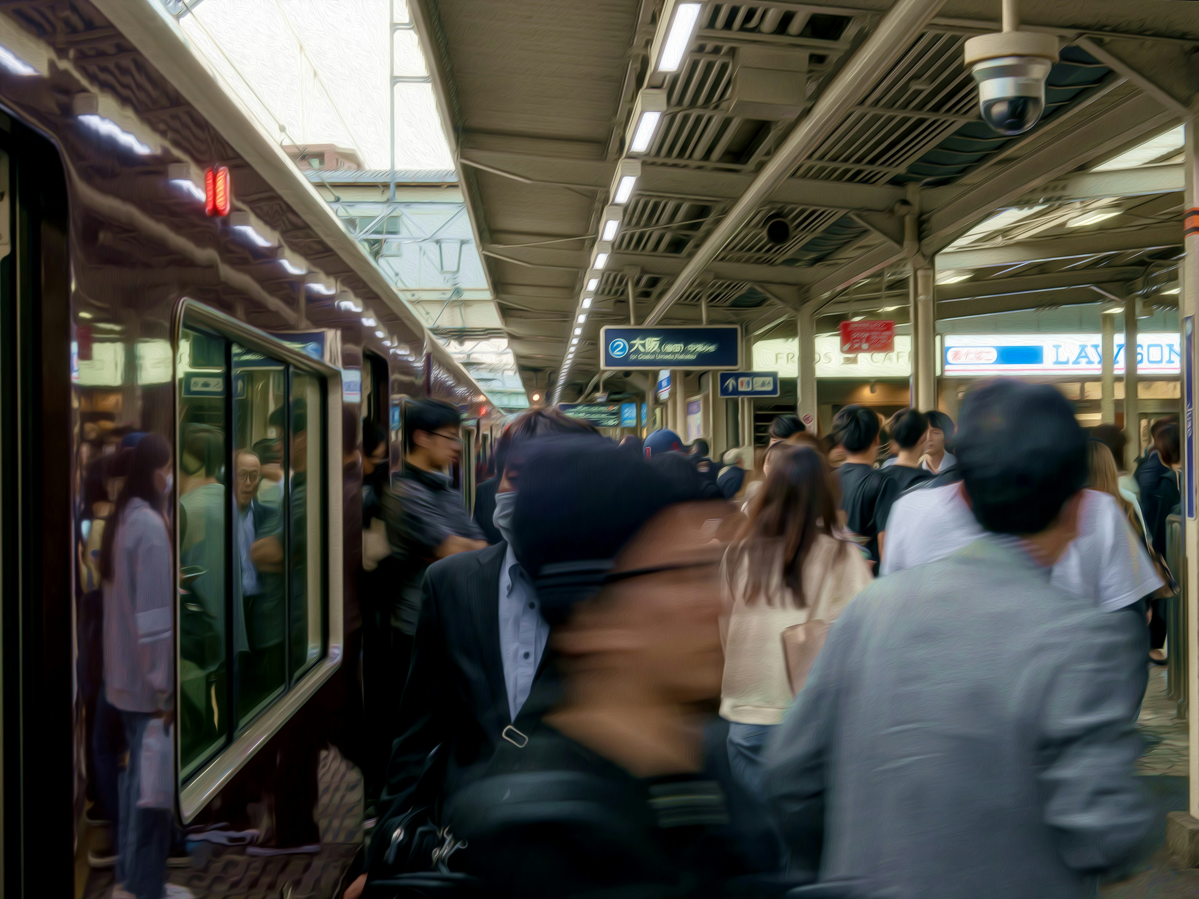 混雑した駅のプラットフォームに停車中の列車と乗客