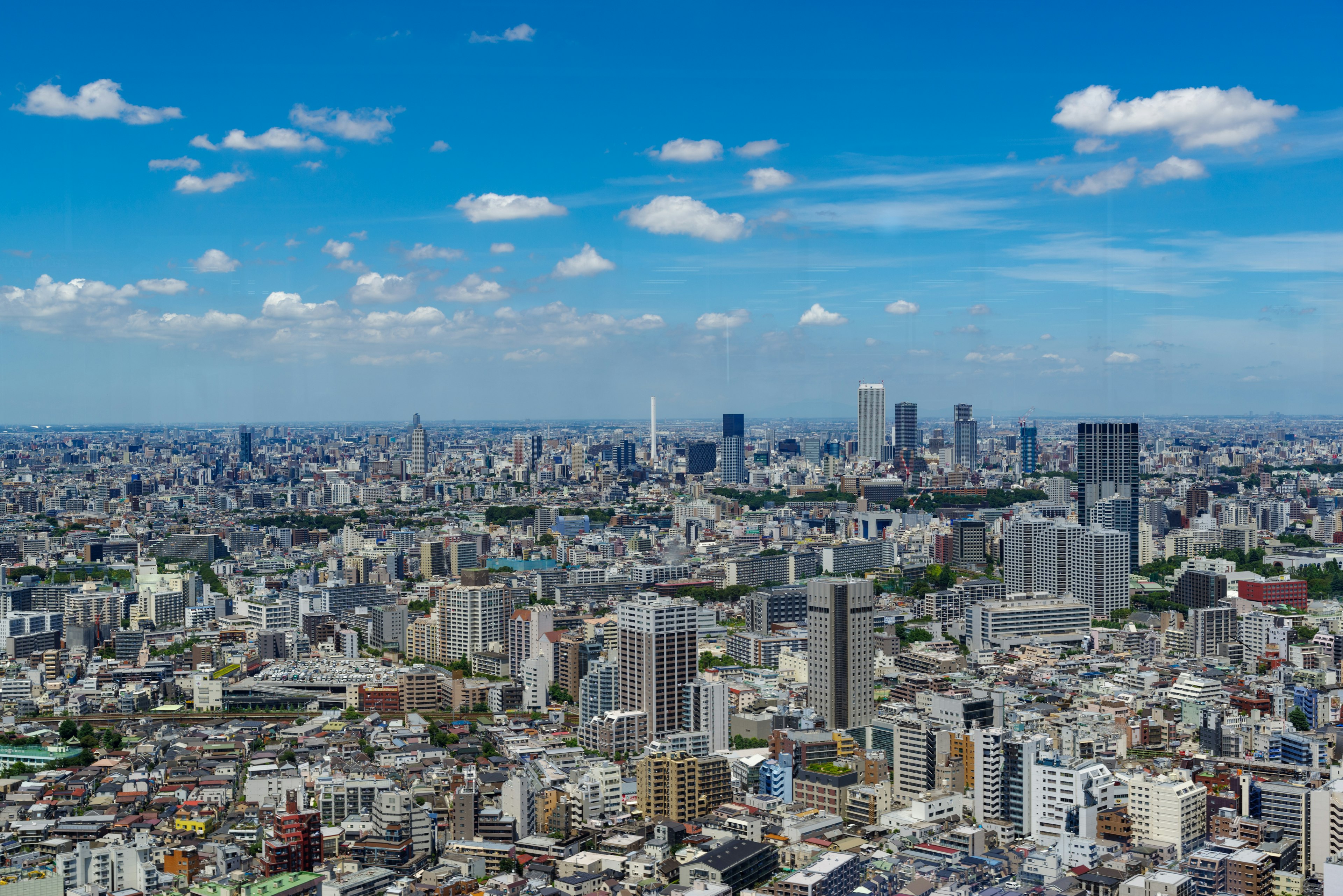 ทิวทัศน์เมืองโตเกียวที่กว้างใหญ่พร้อมตึกสูงและท้องฟ้าสีฟ้า