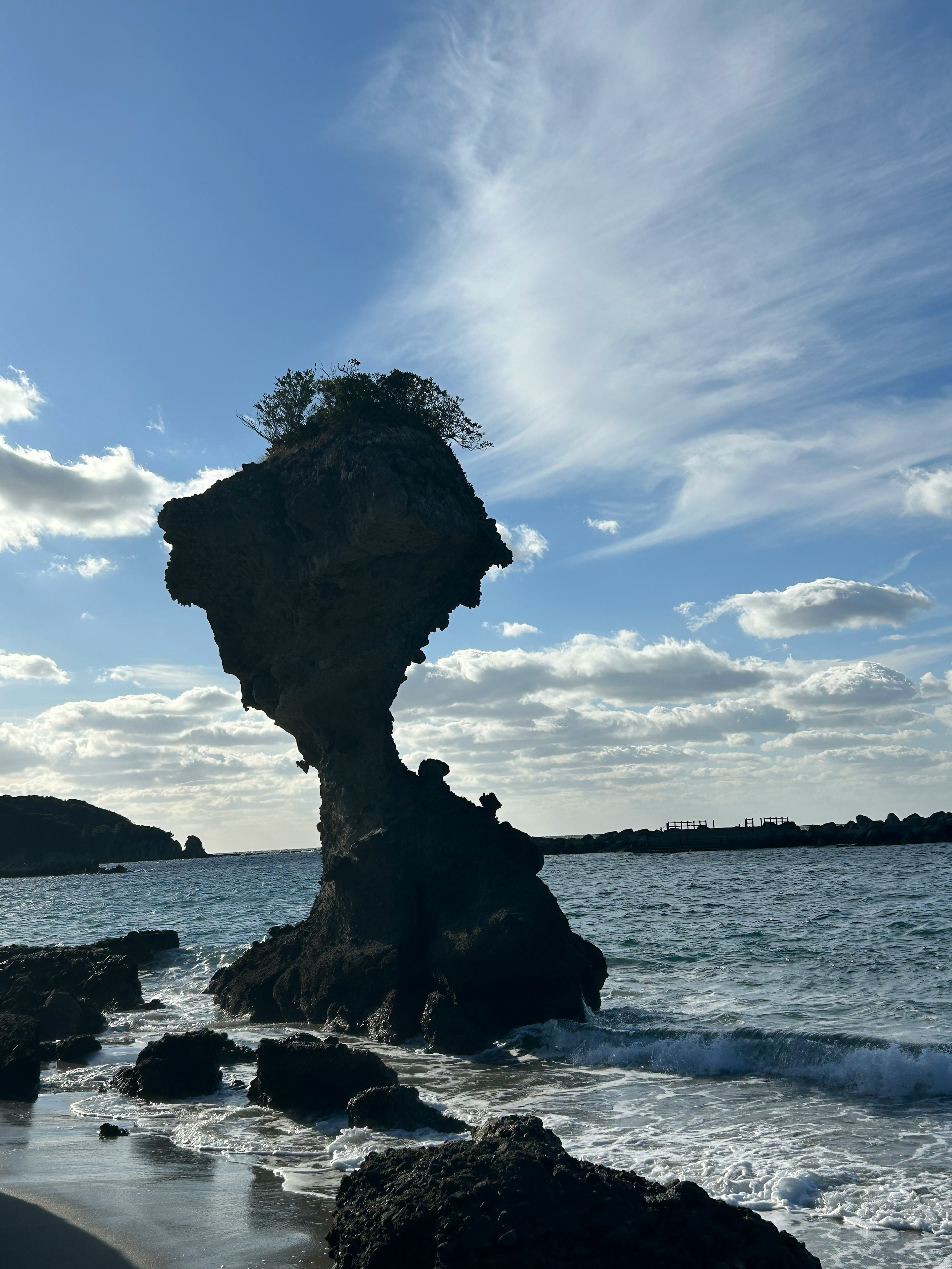 Unica formazione rocciosa che somiglia a un volto contro un cielo blu