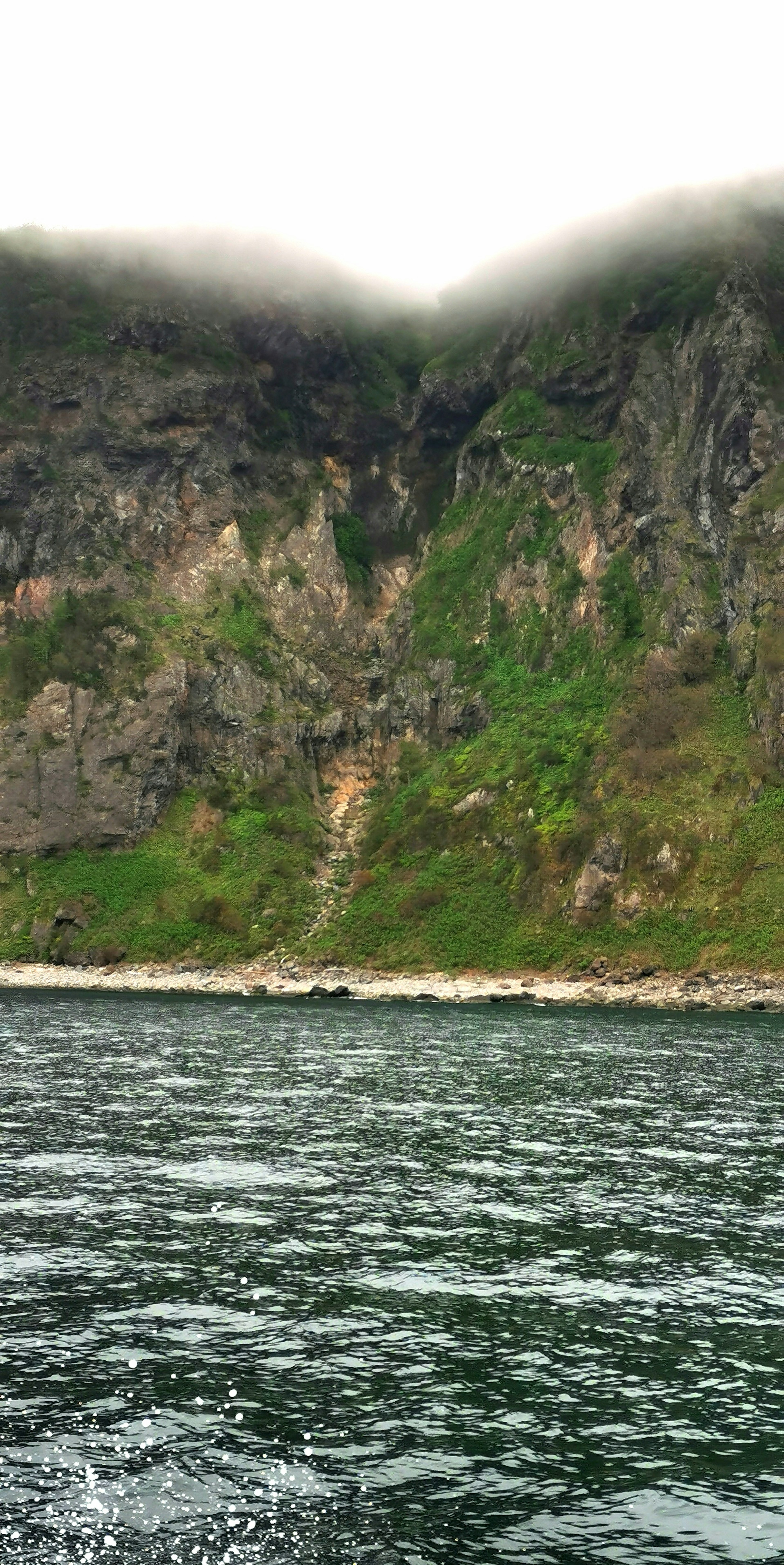 Fog-covered green hill and rocky coastline