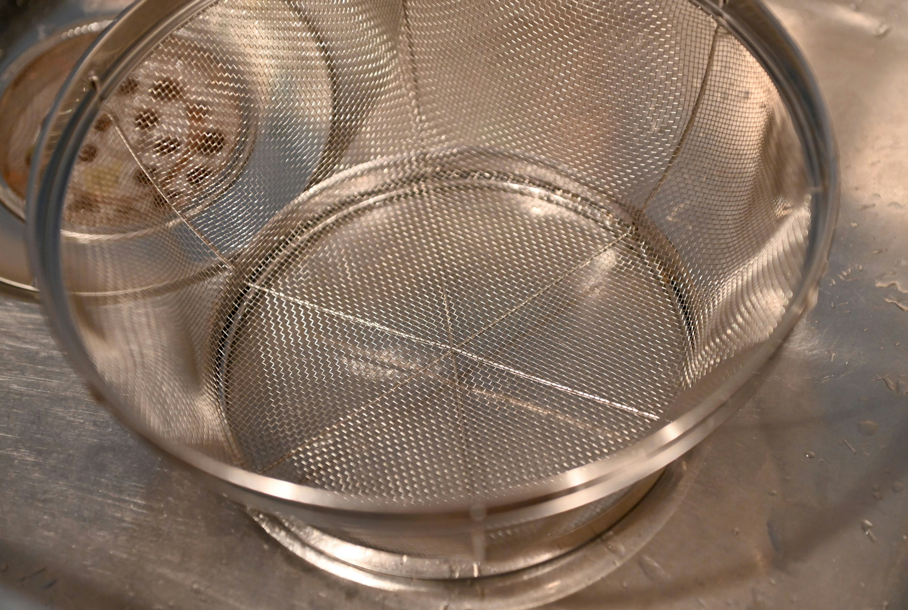 A metal mesh strainer placed in a sink