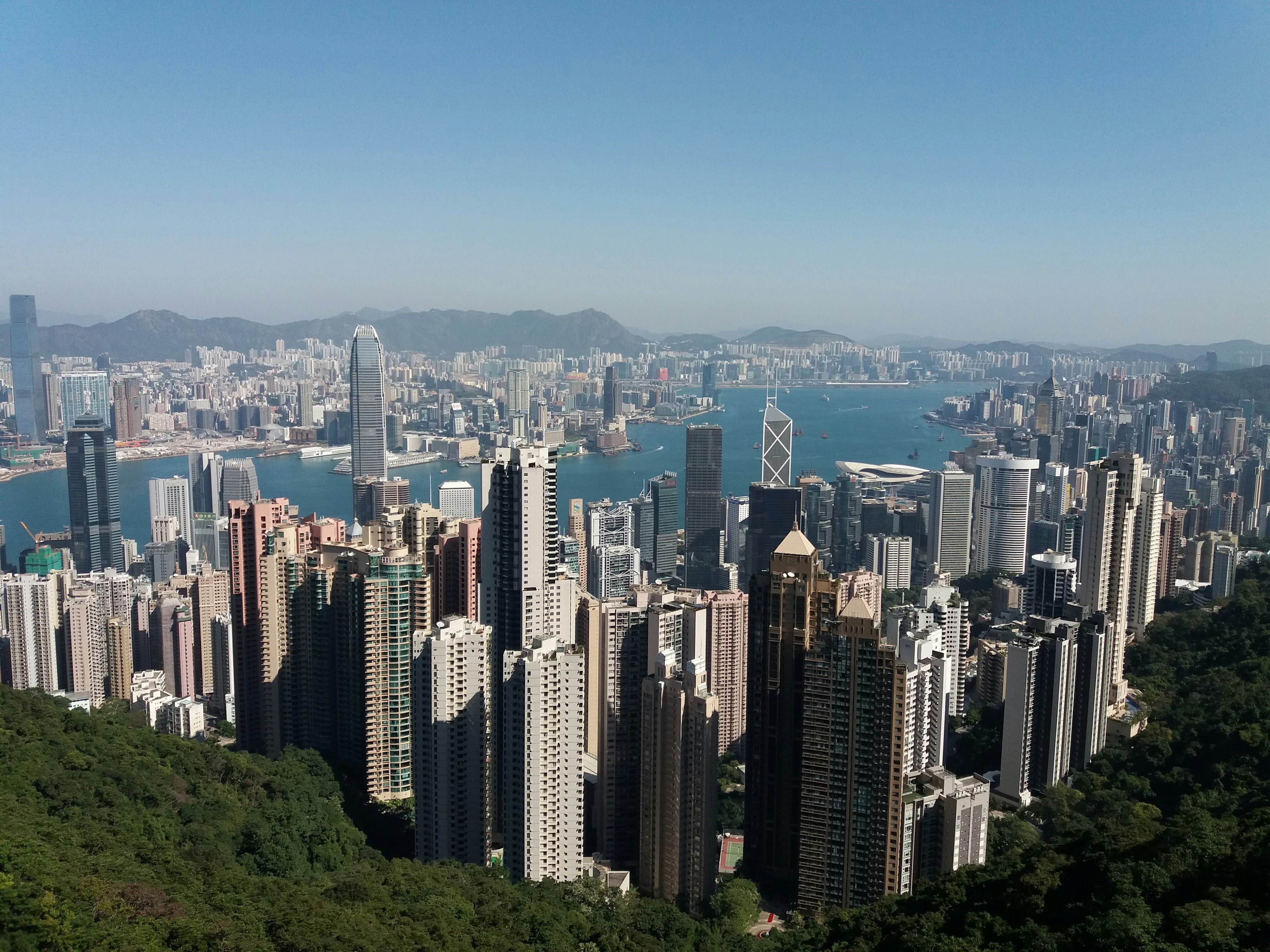 Vista panoramica dello skyline di Hong Kong e del porto