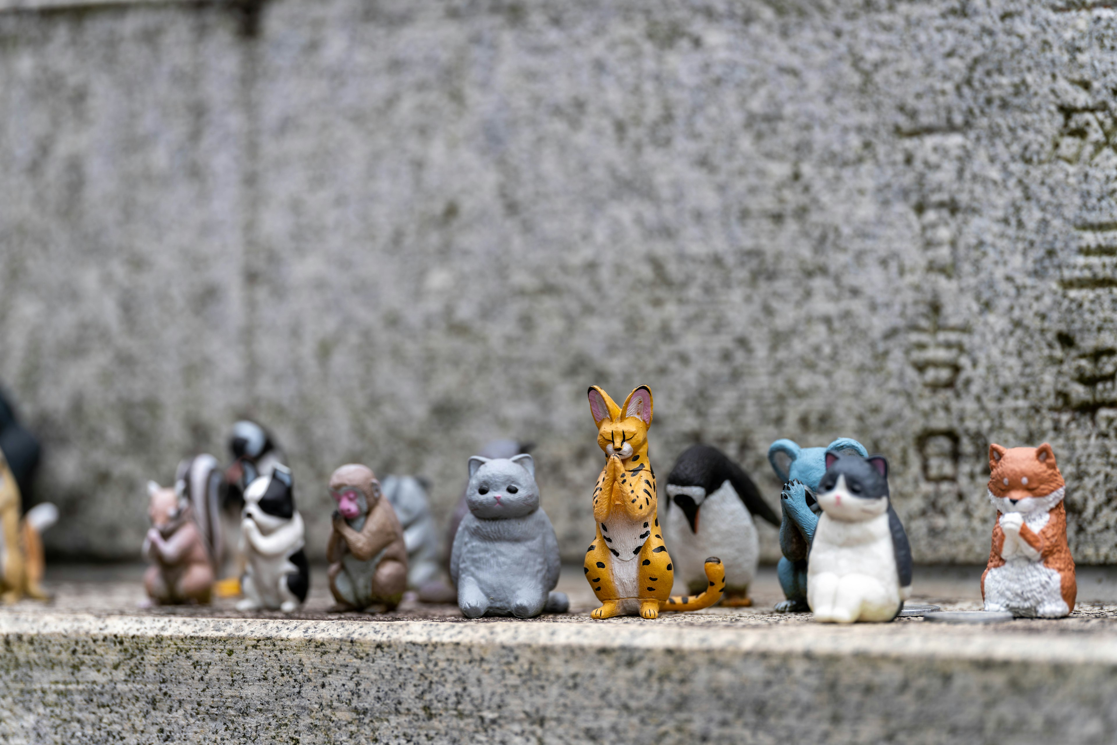 A collection of small animal figurines displayed in a row