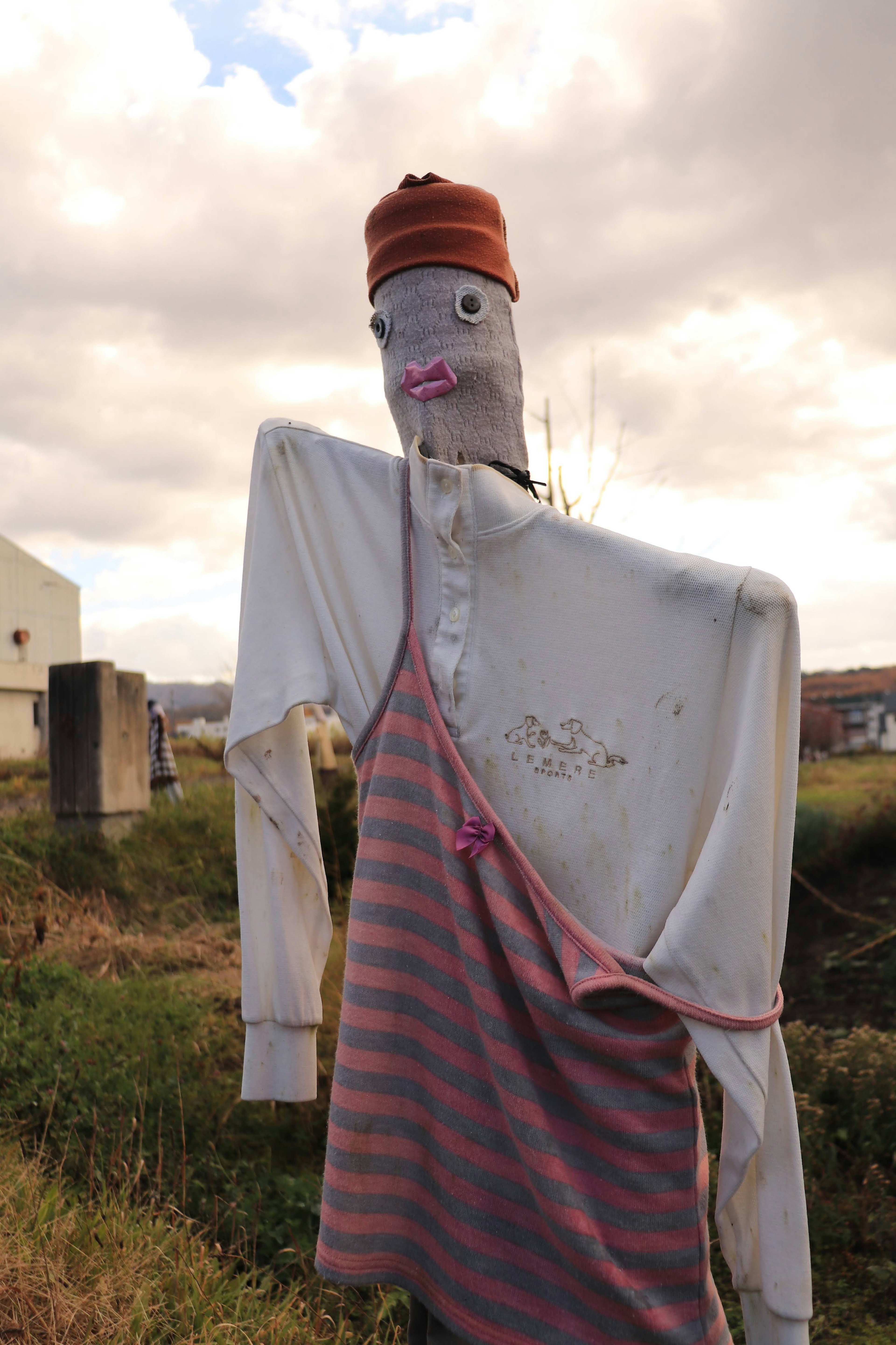 Un épouvantail unique se tenant dans un paysage rural portant une chemise blanche et un tablier rayé