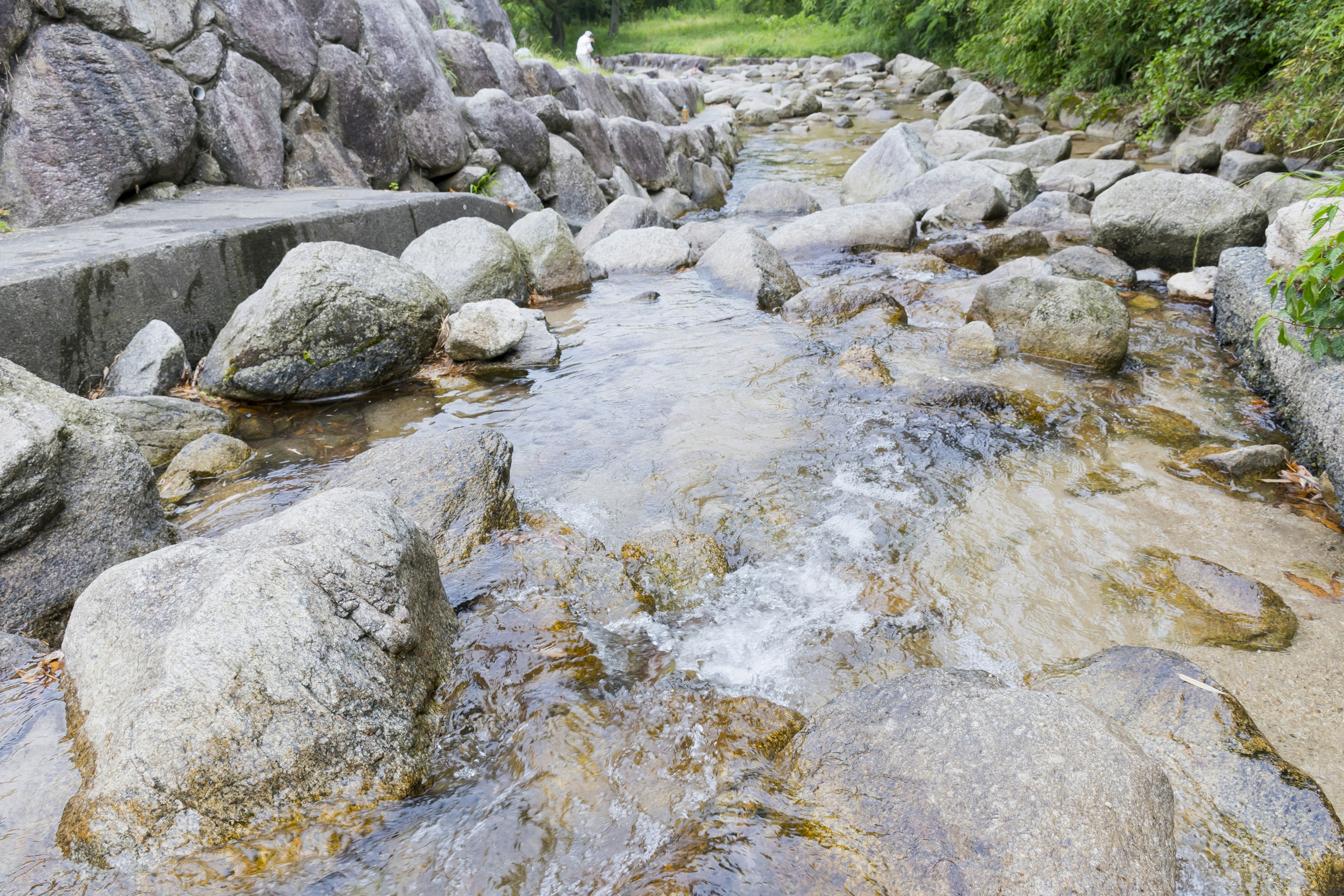 Un ruisseau coulant sur de grosses pierres dans un cadre naturel