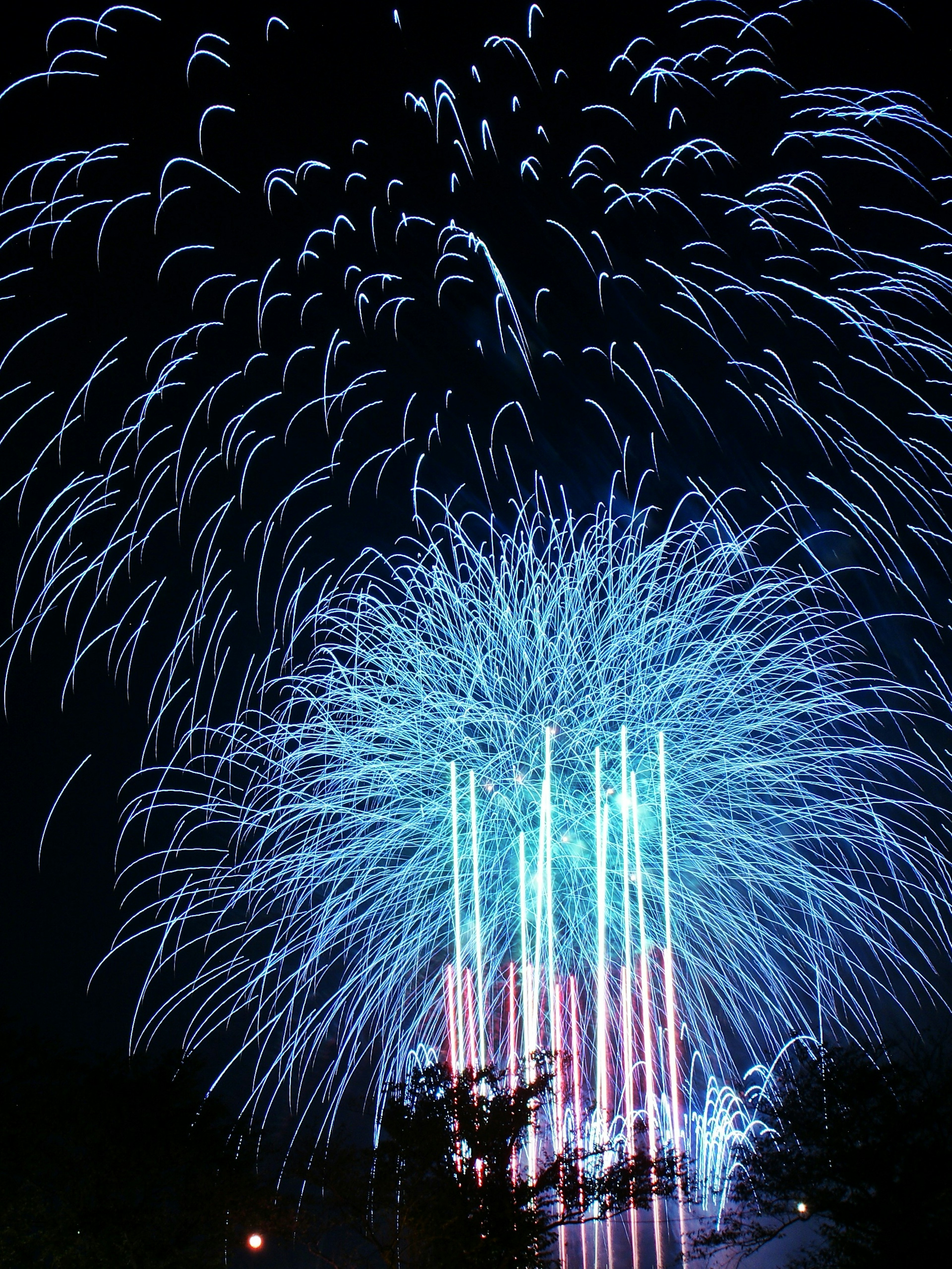 Fuochi d'artificio blu brillanti che esplodono nel cielo notturno