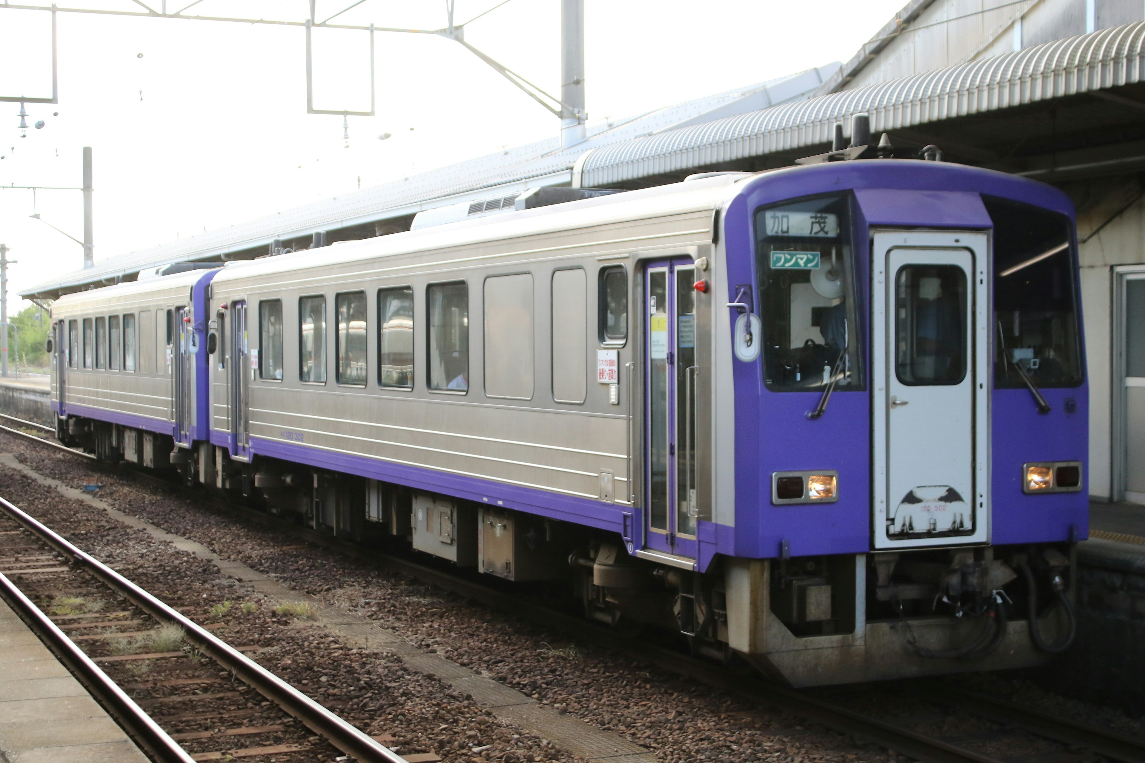 Treno con carrozze viola e argento in una stazione