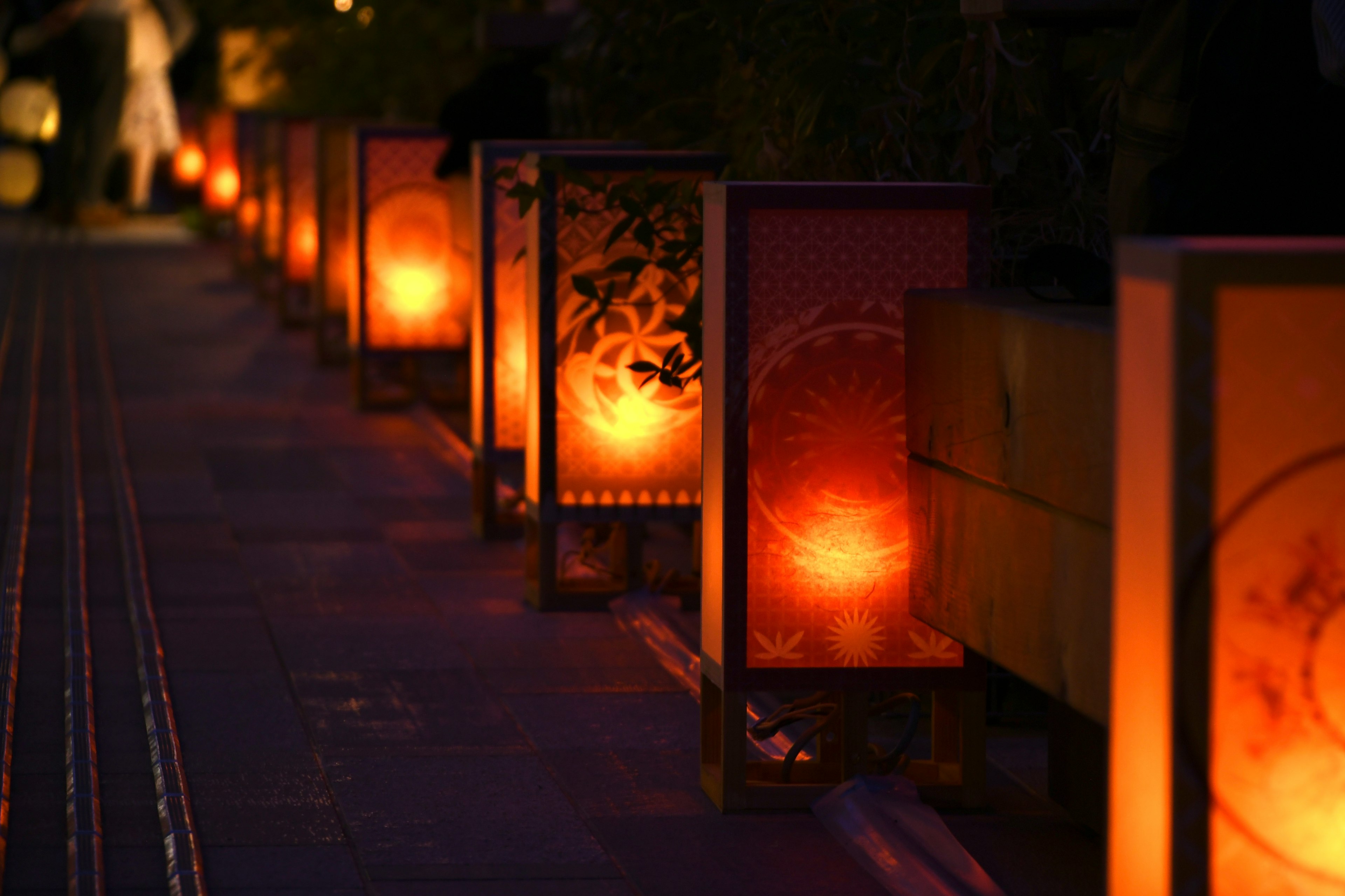 Row of illuminated Japanese lanterns along a night street