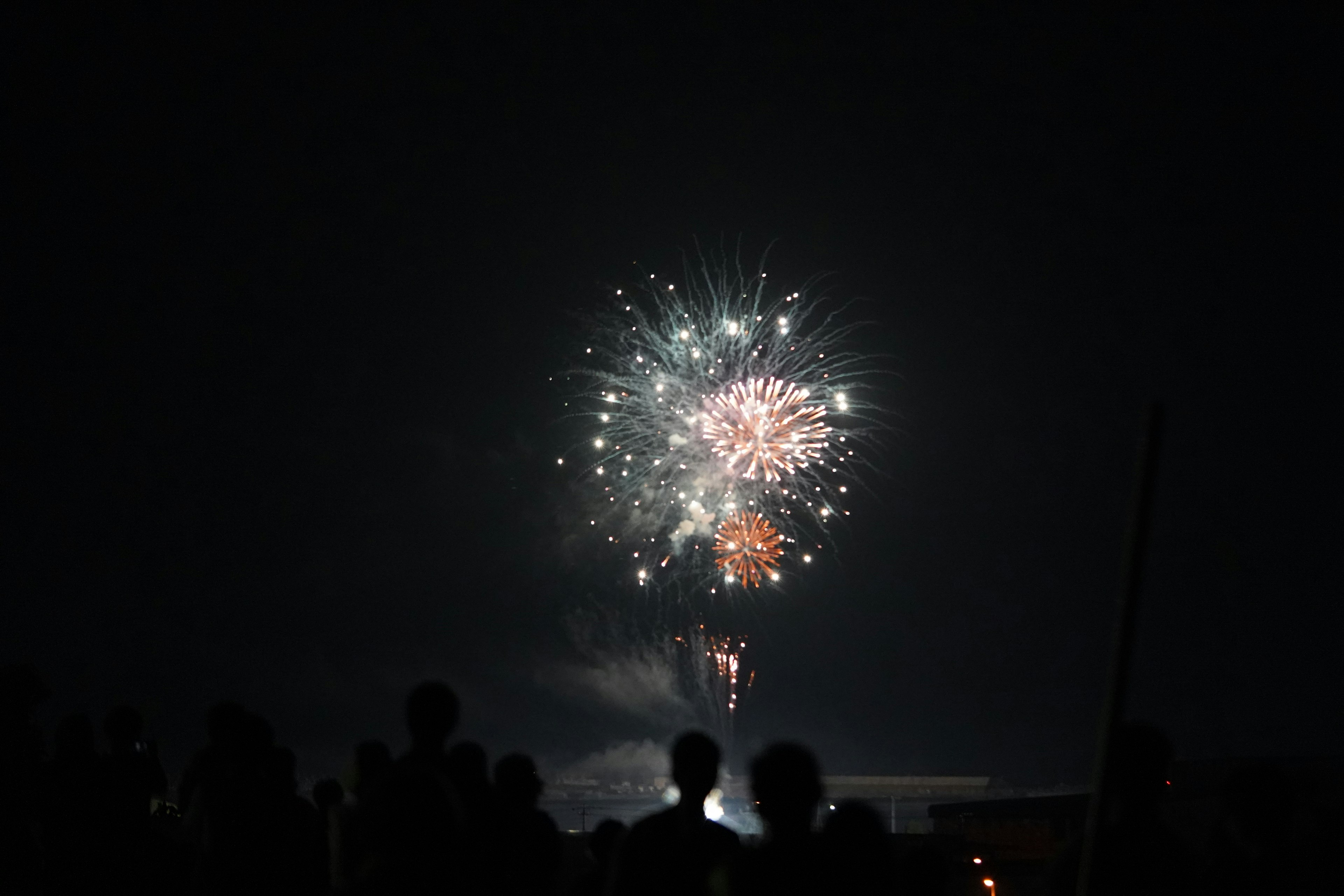 Fuochi d'artificio che esplodono nel cielo notturno con silhouette di spettatori