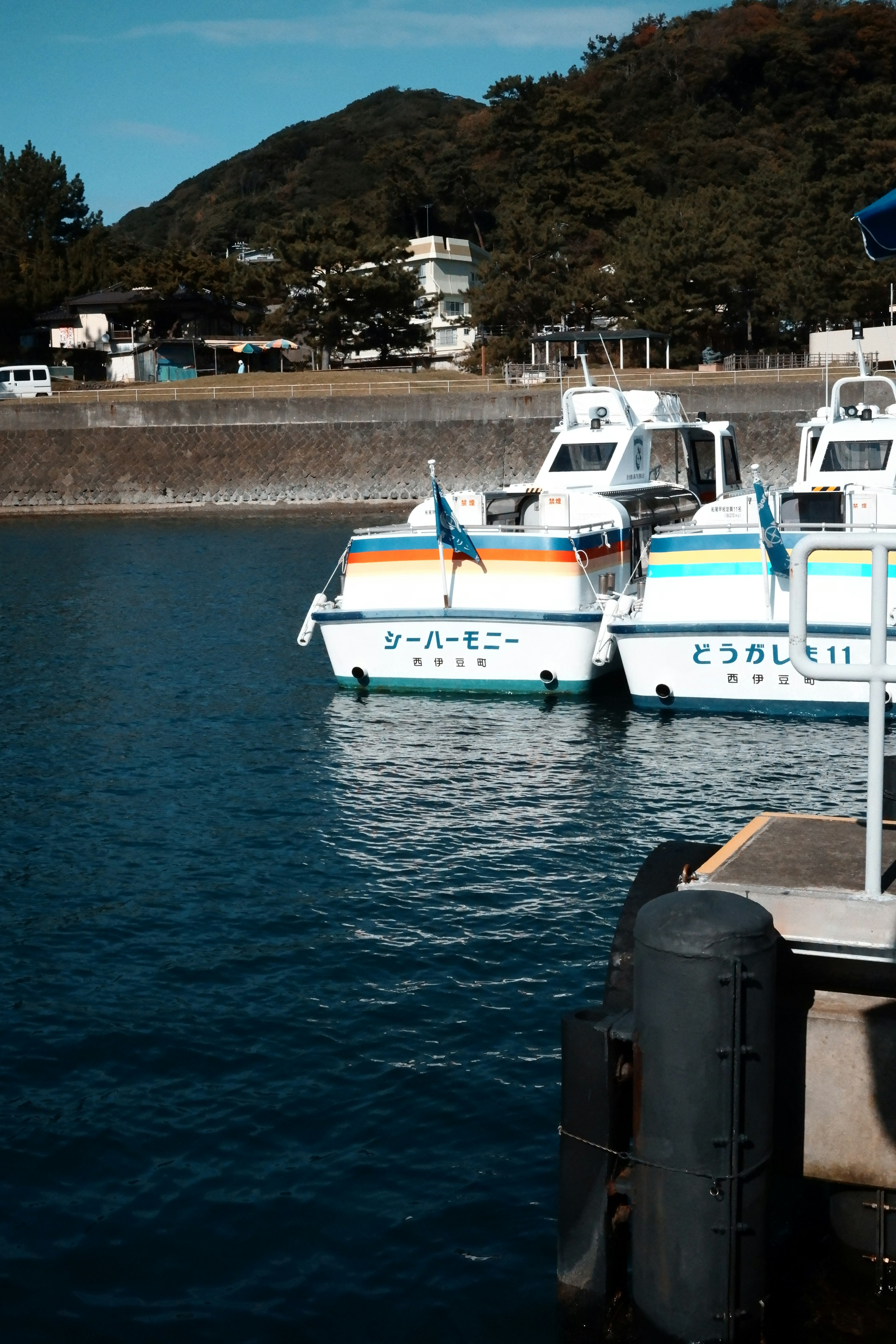 Bunte Boote im Hafen mit ruhigem Wasser