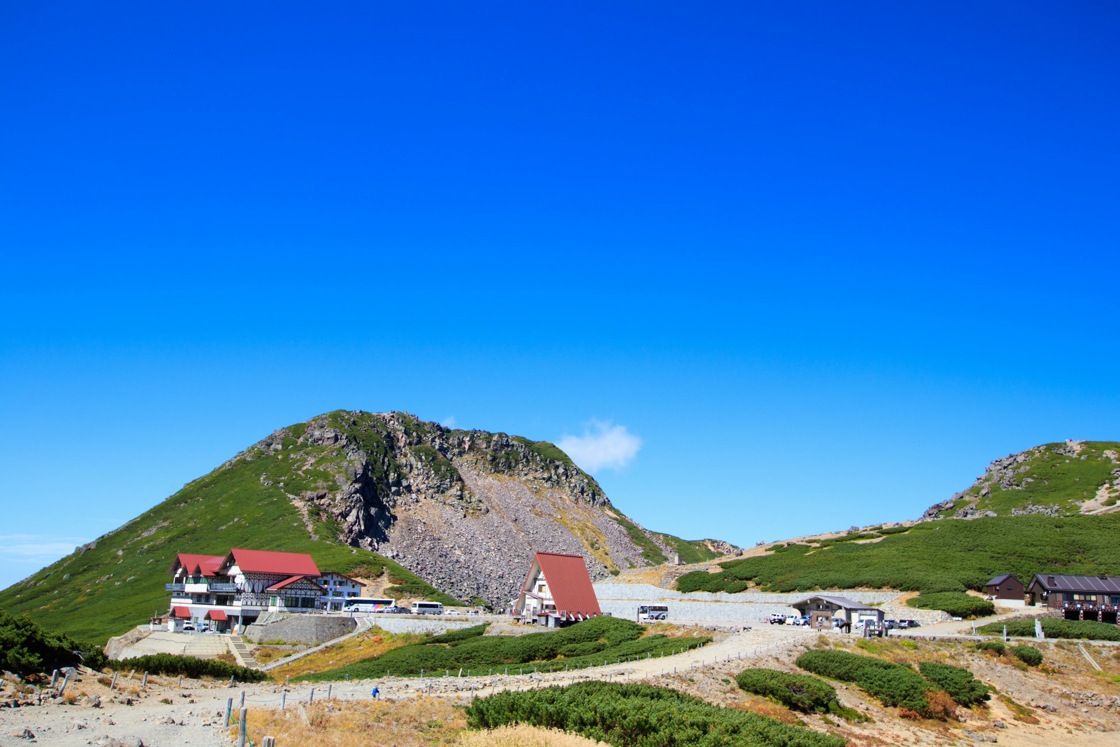 Mountain lodge and green grassland under a clear blue sky