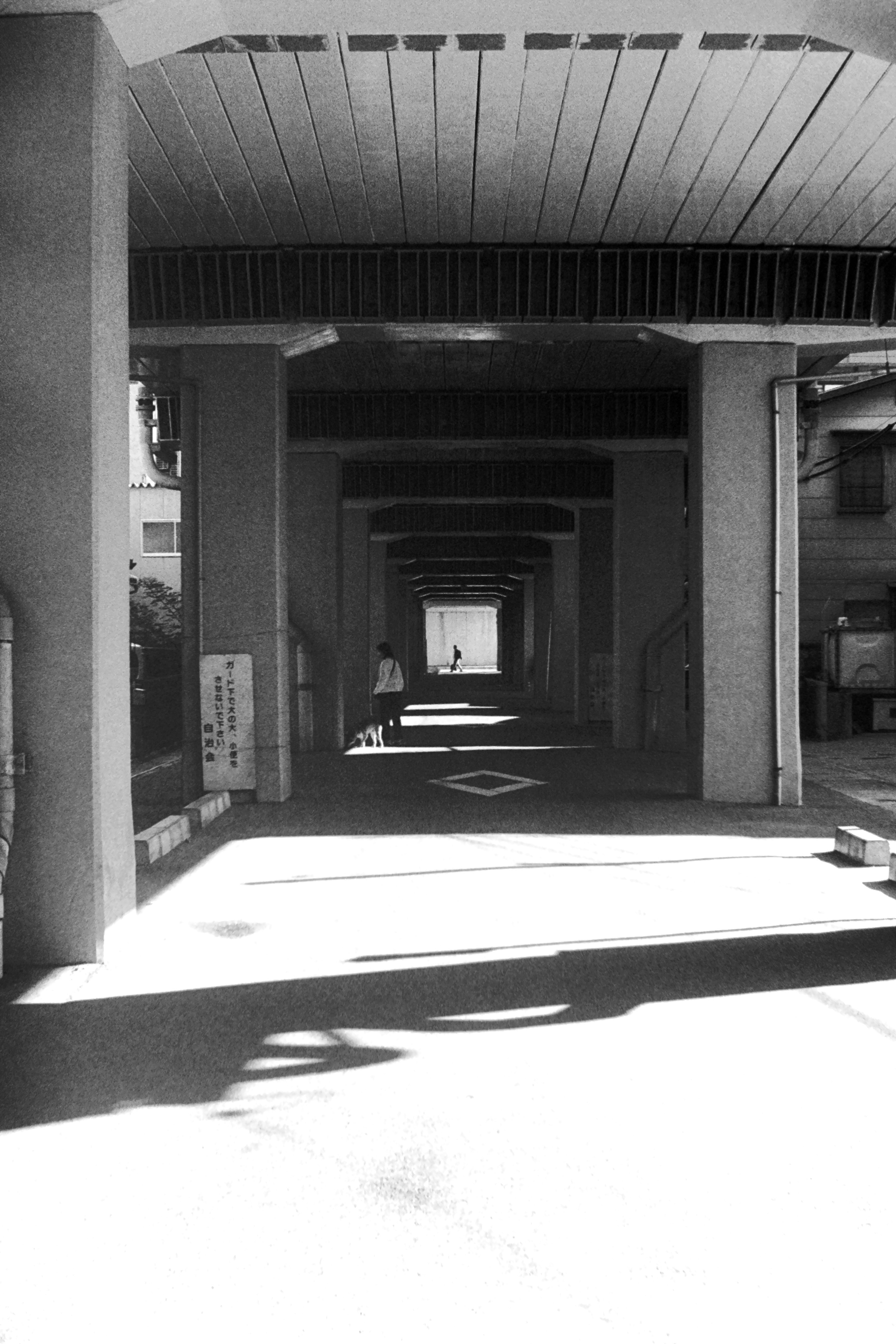 Foto en blanco y negro de un largo pasillo de arcade con luz que entra