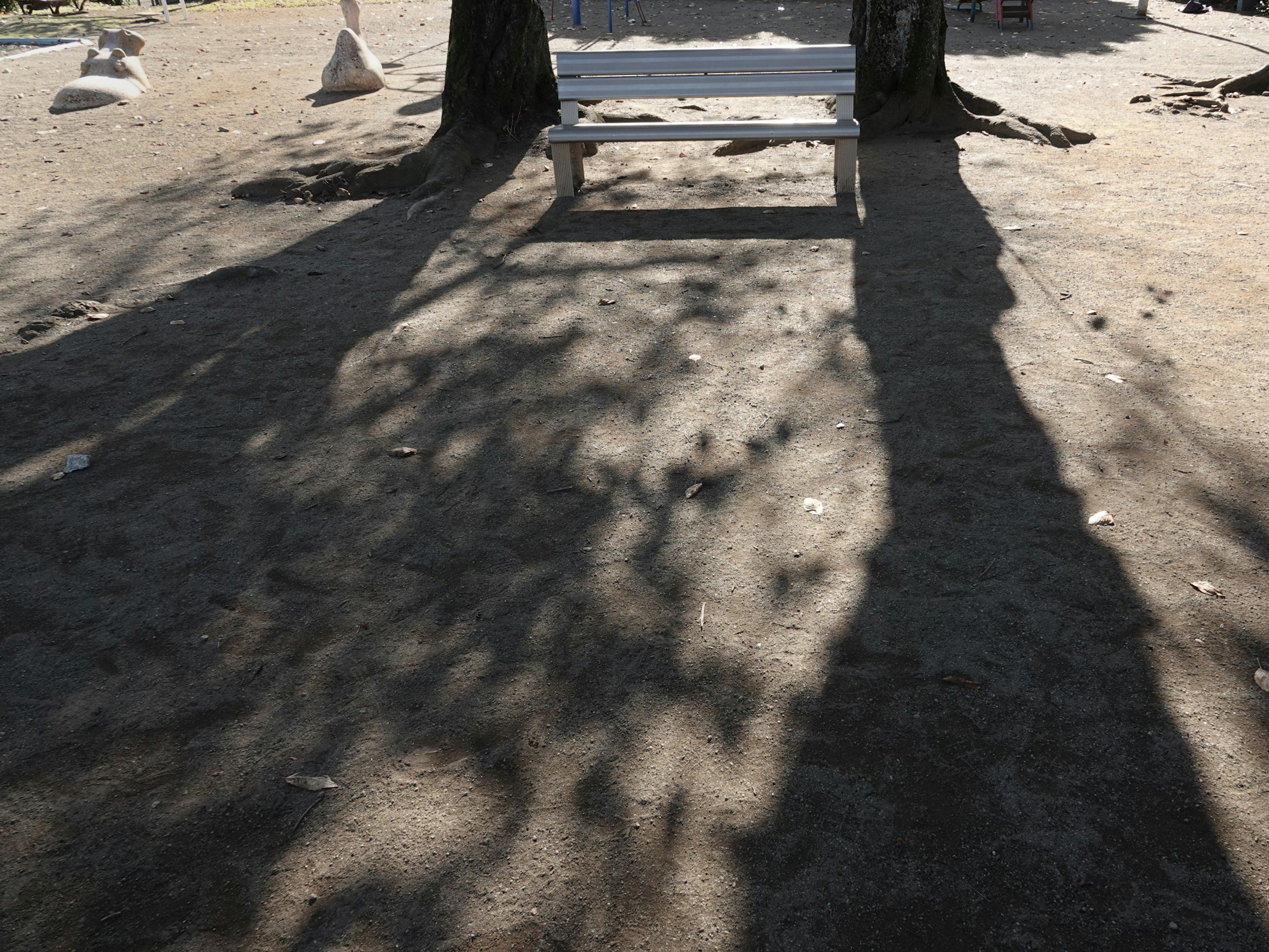 A white bench casting shadows on sandy ground