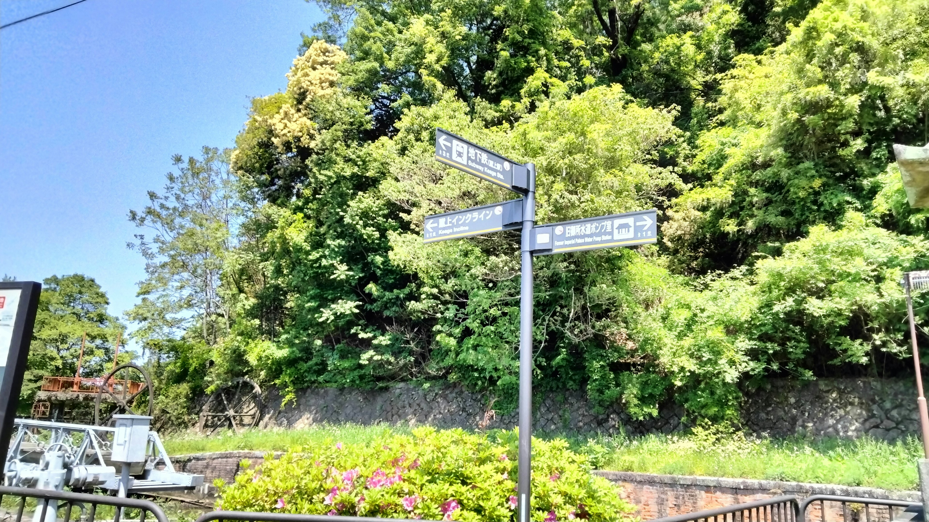 Traffic signpost under a blue sky with lush greenery