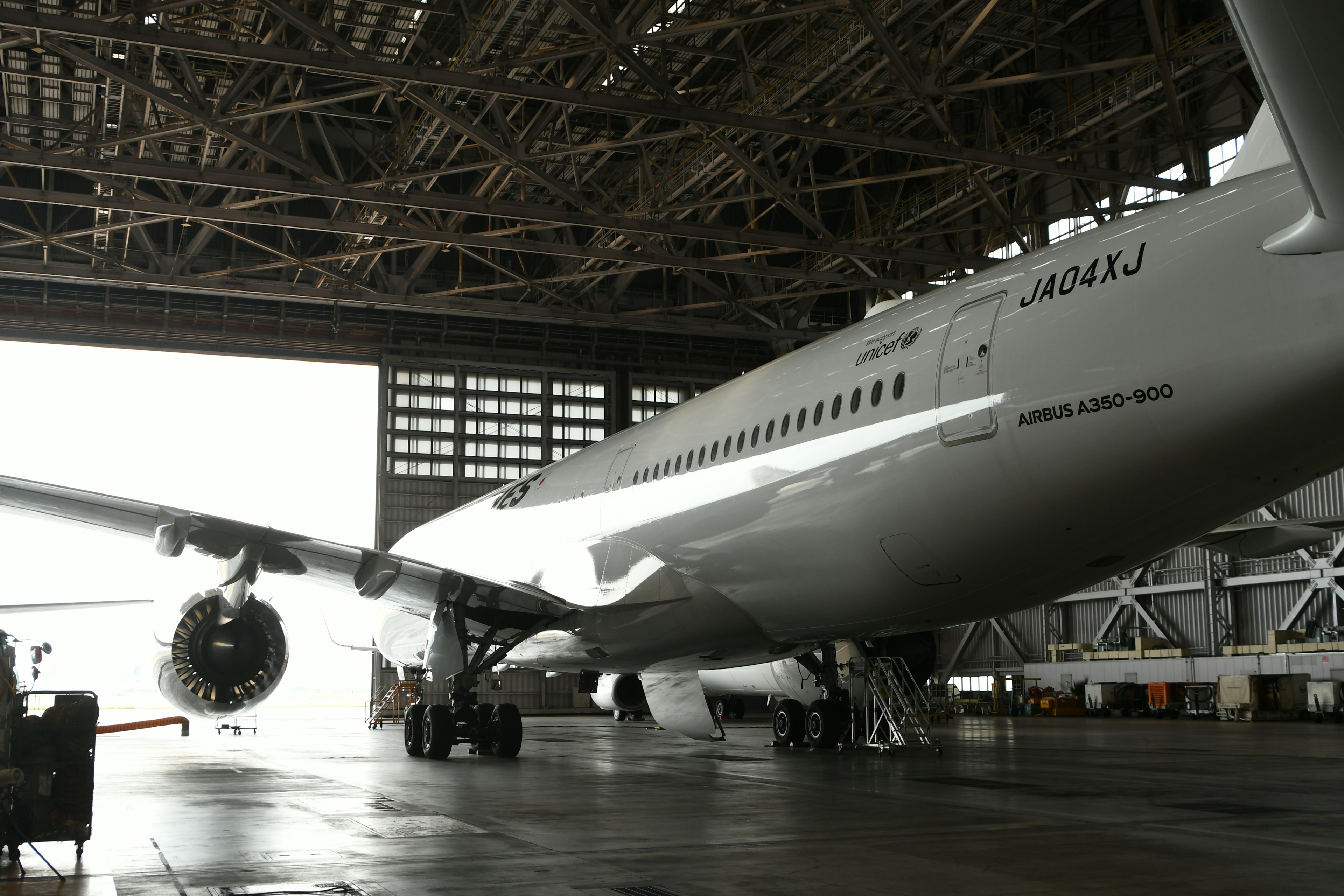 Aircraft parked inside a hangar showcasing its engine and wings