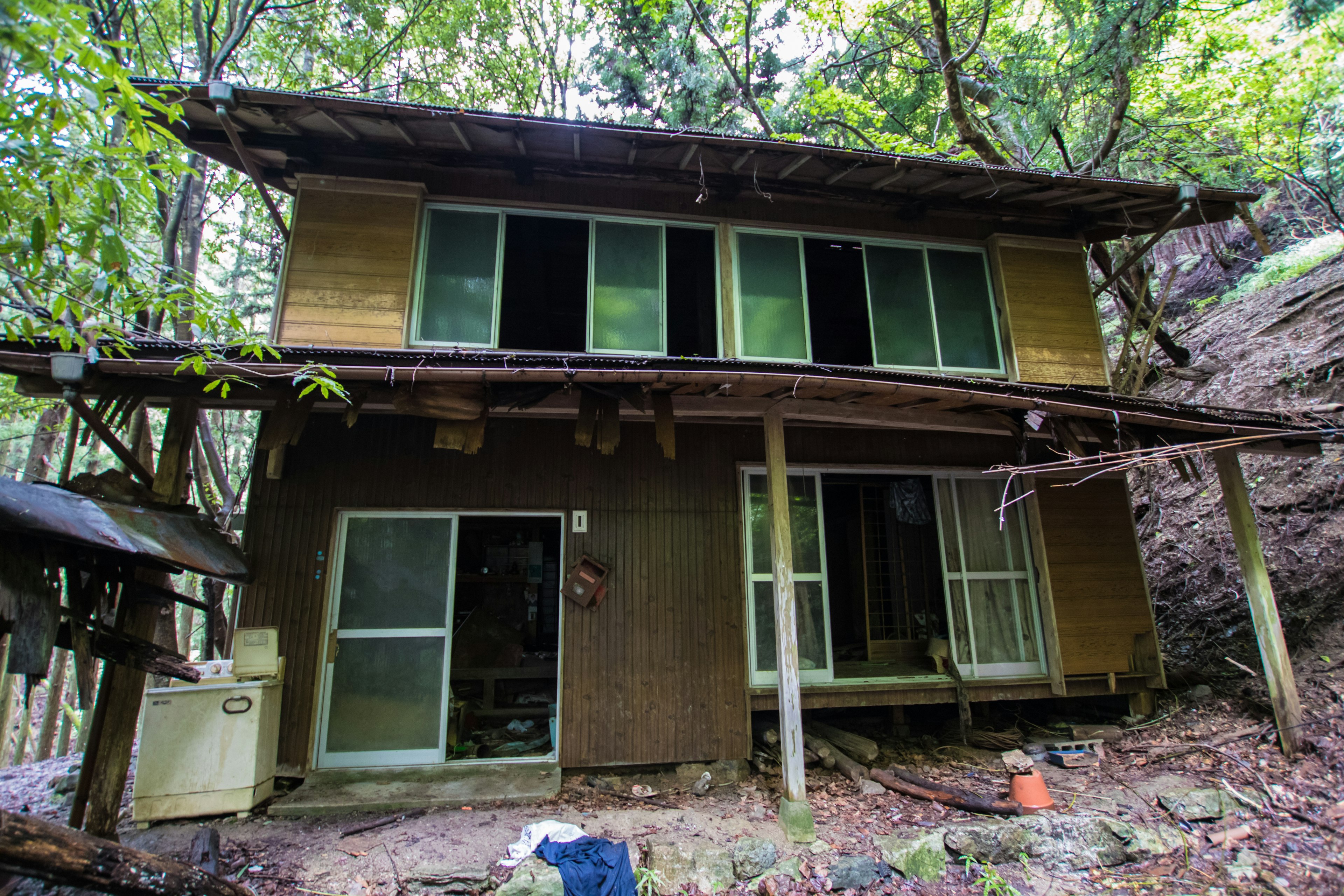 Rumah dua lantai di hutan dengan eksterior kayu dan jendela besar dikelilingi oleh pepohonan