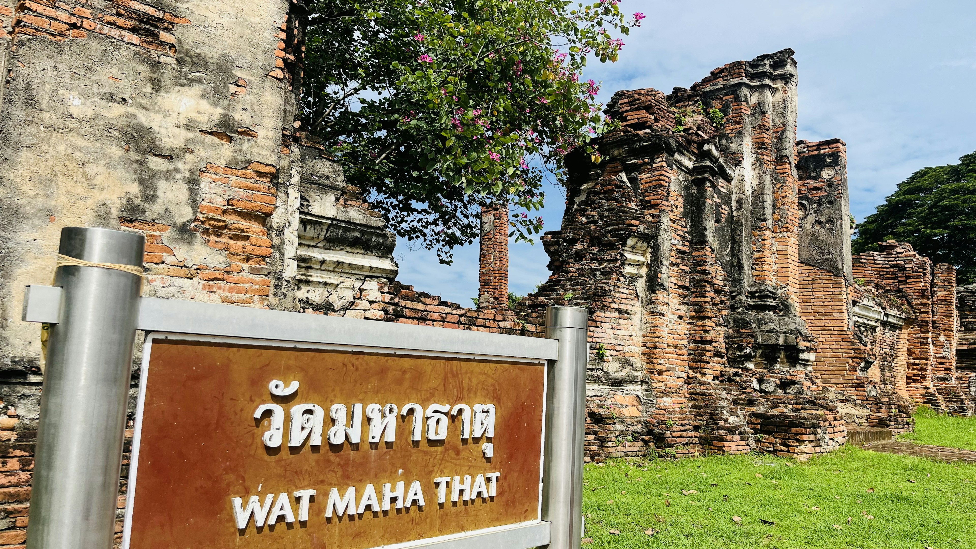 Ruines de Wat Maha That avec panneau visible au premier plan