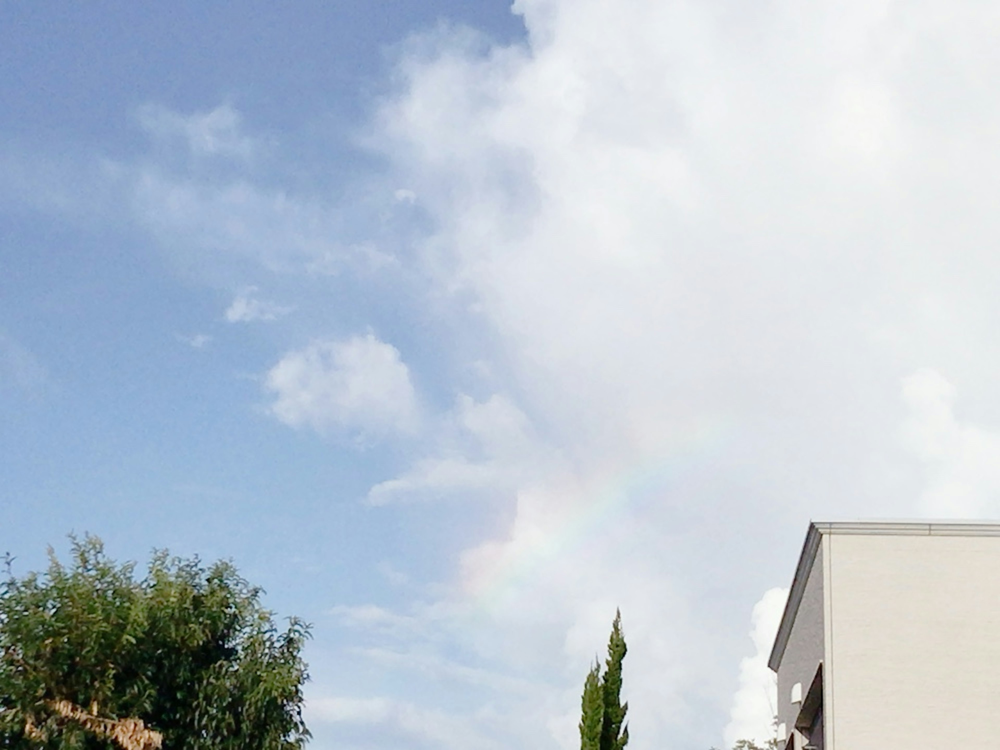 Teilweise Regenbogen vor blauem Himmel mit weißen Wolken und grünen Bäumen