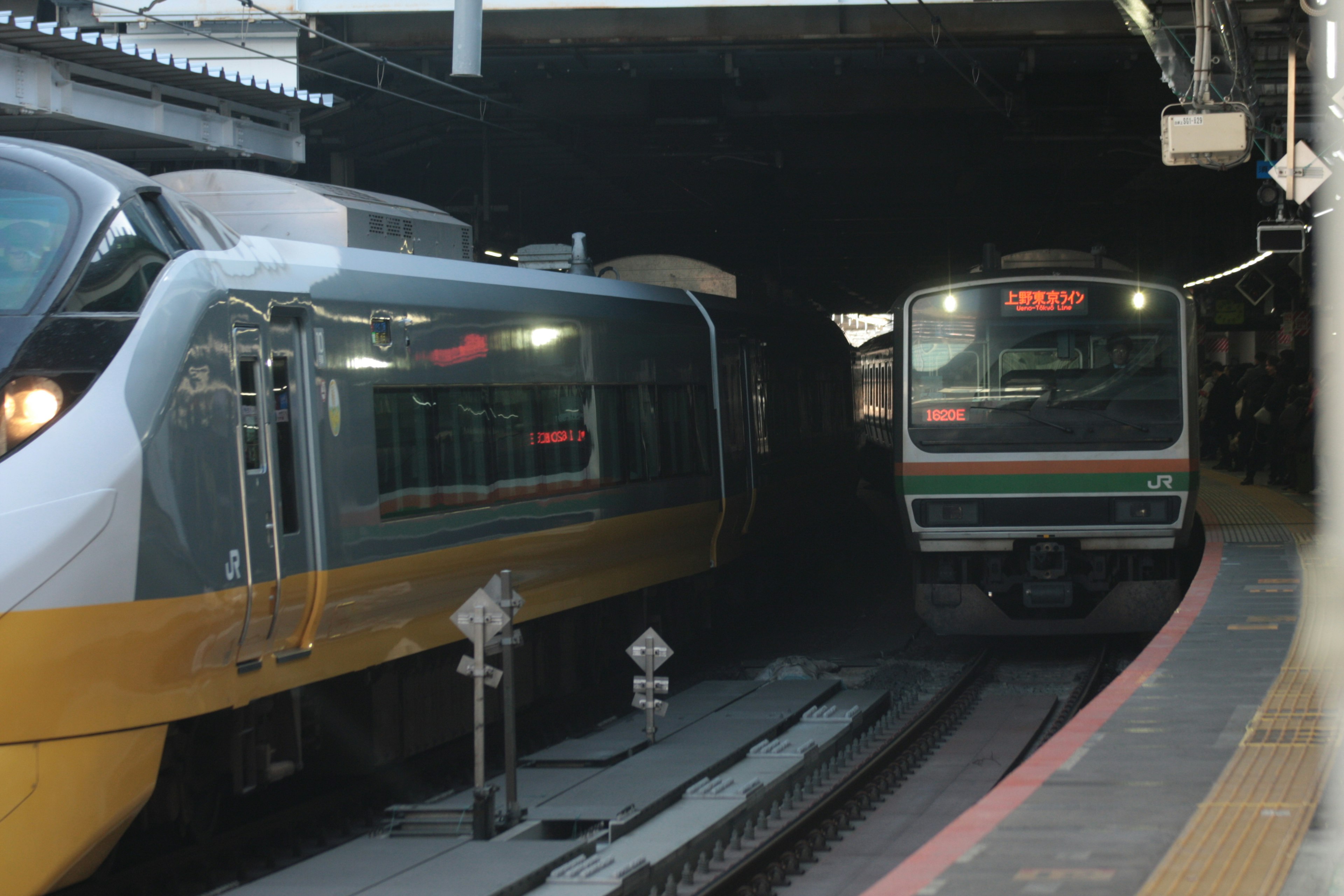 Two trains crossing at a station