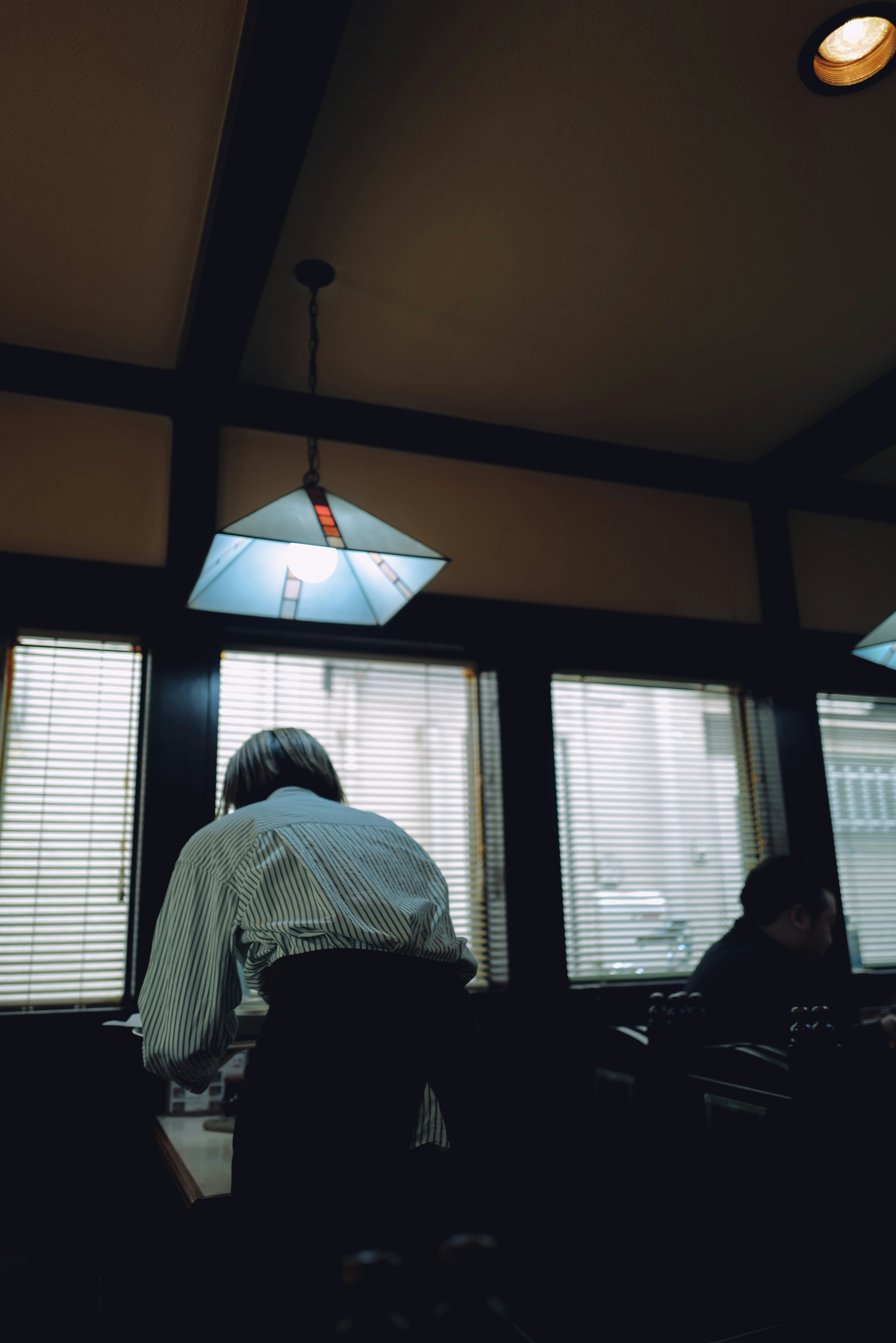 Back view of a man working near a window with traditional lighting