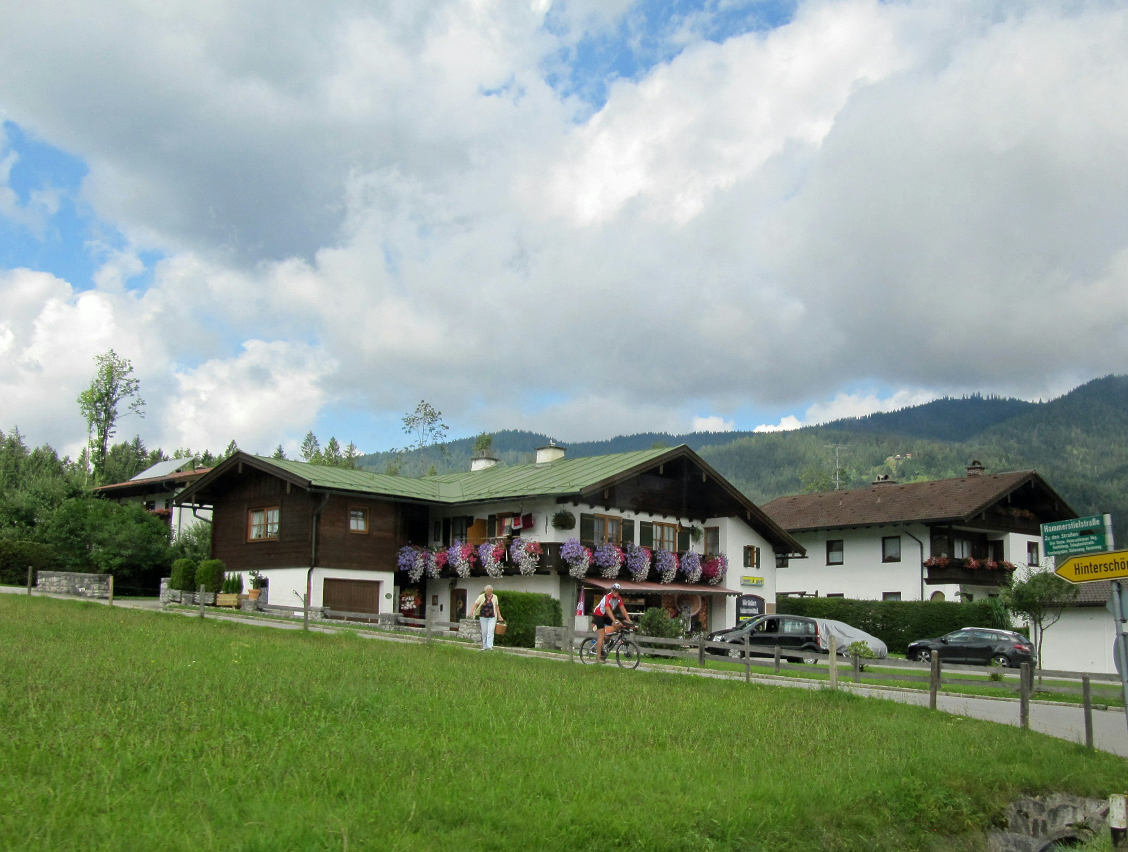 美しい山の背景にある伝統的なアルプススタイルの家と緑の草地