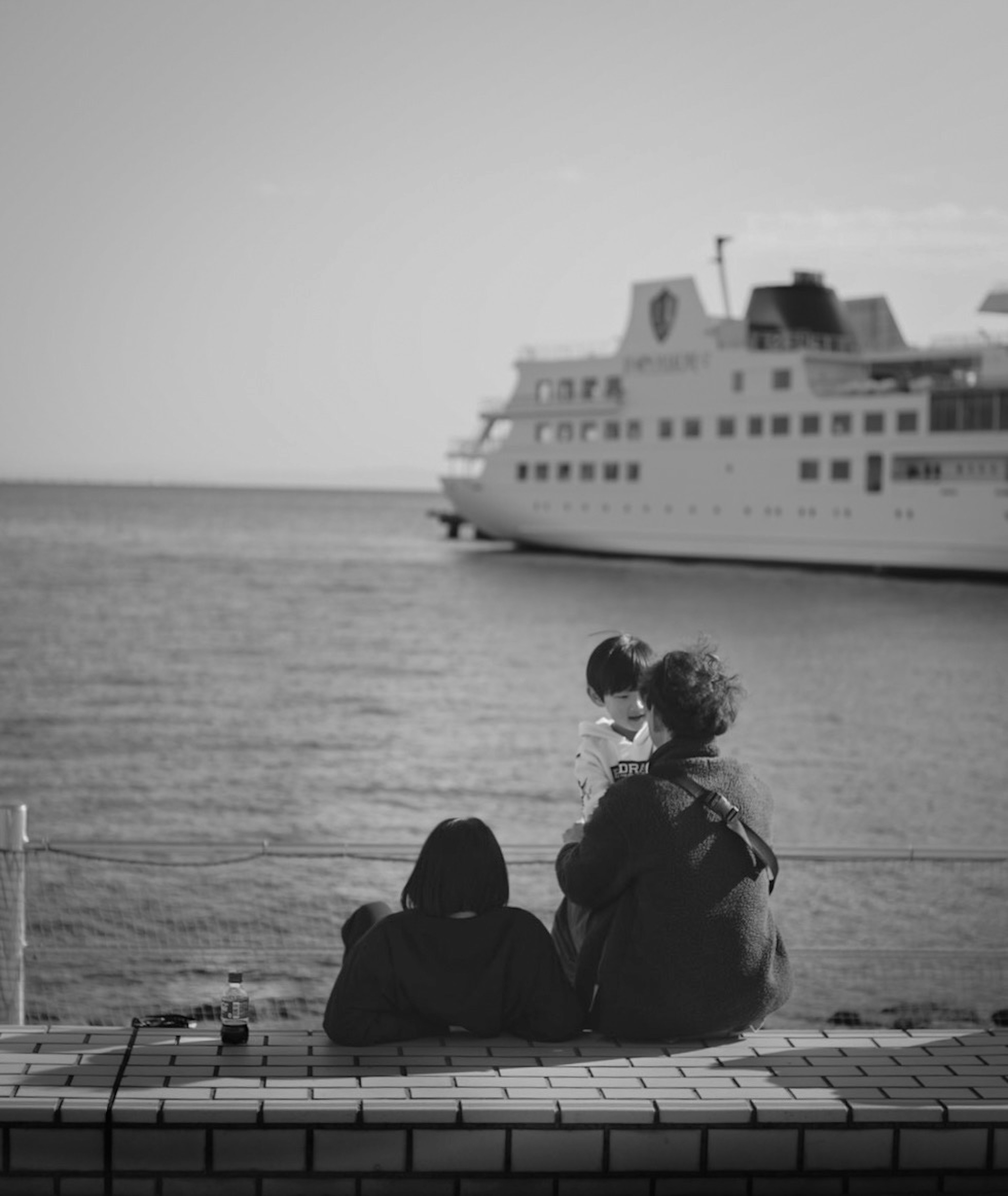 Two people sitting by the seaside with a ship in the background