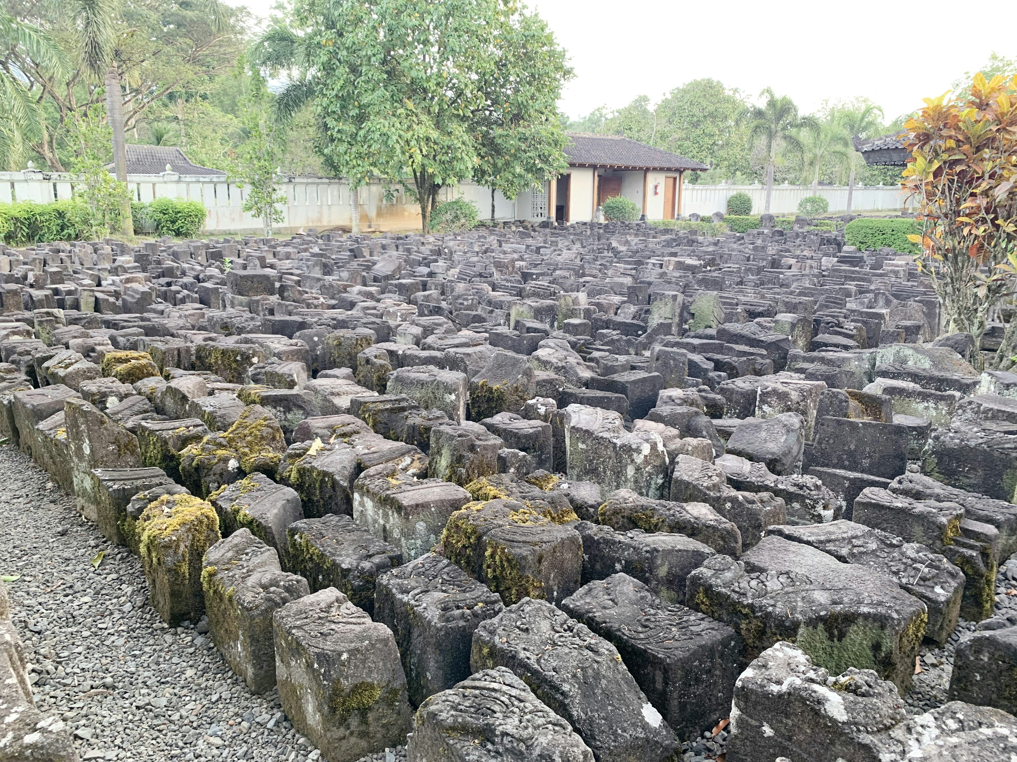 Landscape of neatly arranged stone blocks in an archaeological site