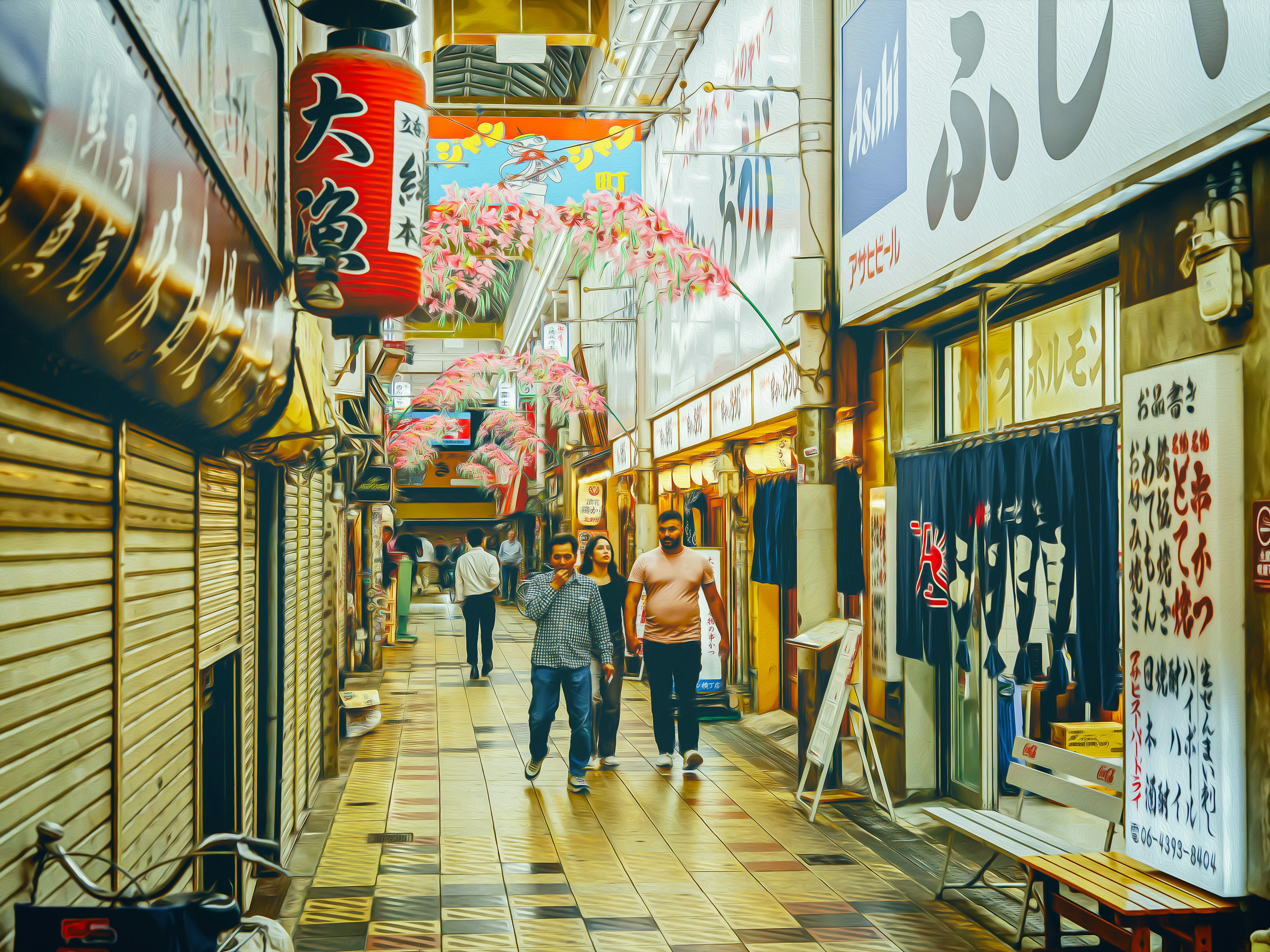 Two people walking in a vibrant shopping street with colorful lanterns overhead