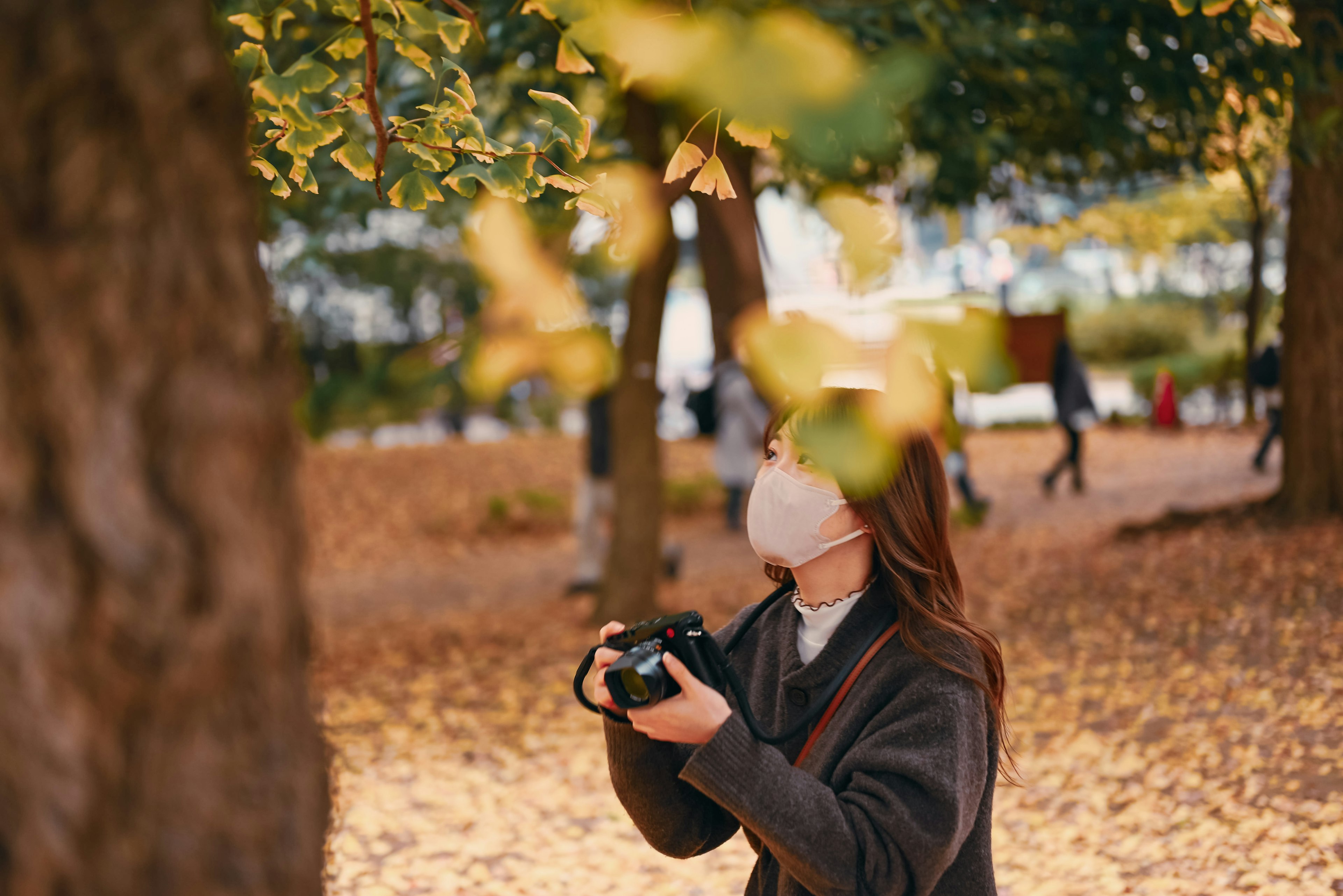 Donna che tiene una macchina fotografica in un parco autunnale con foglie colorate